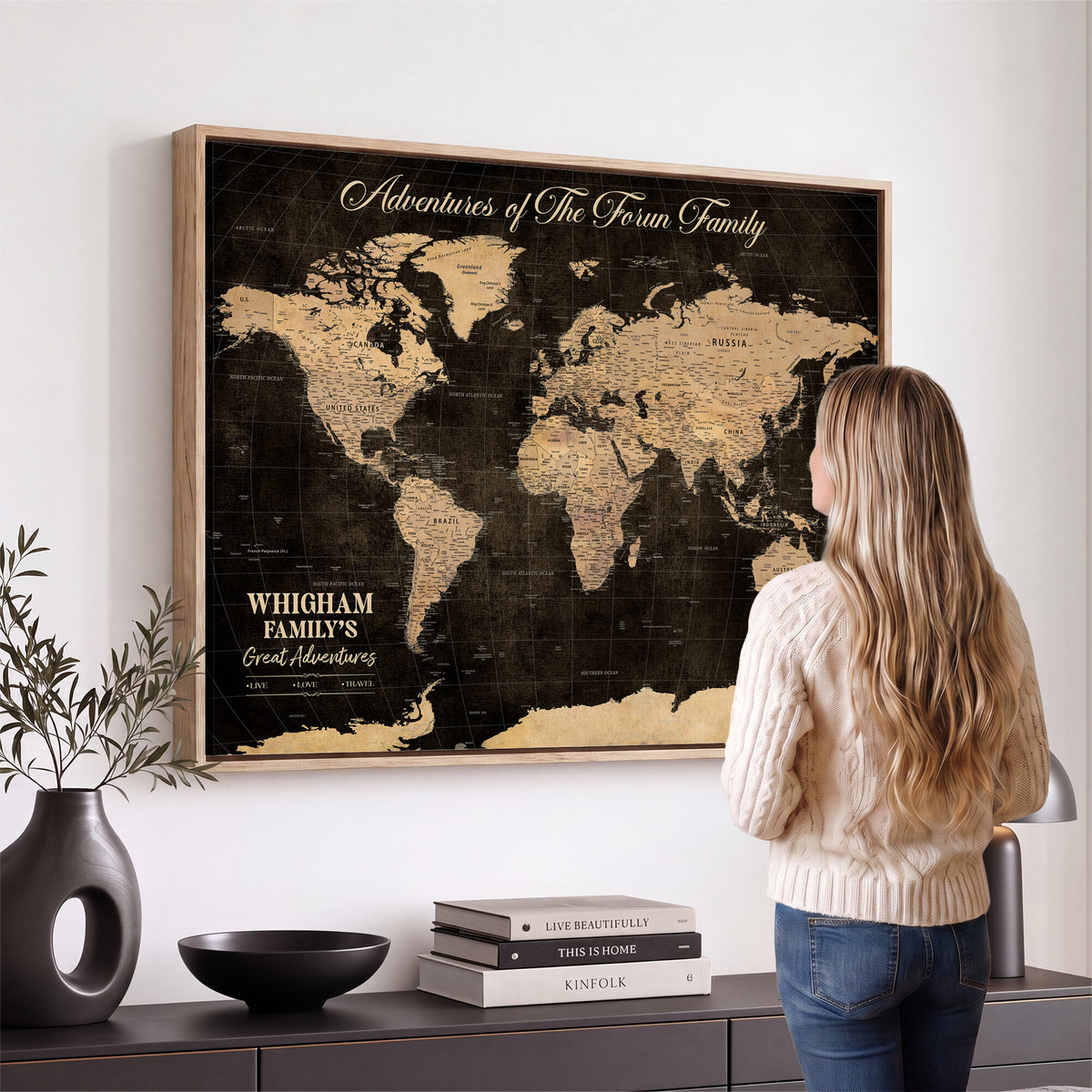 69635819-MGV-CV-36X24 - Custom Push Pin World Map Wall Art Canvas Print | Personalized Travel Tracker with Pins Framed Large for Home and Office Decor