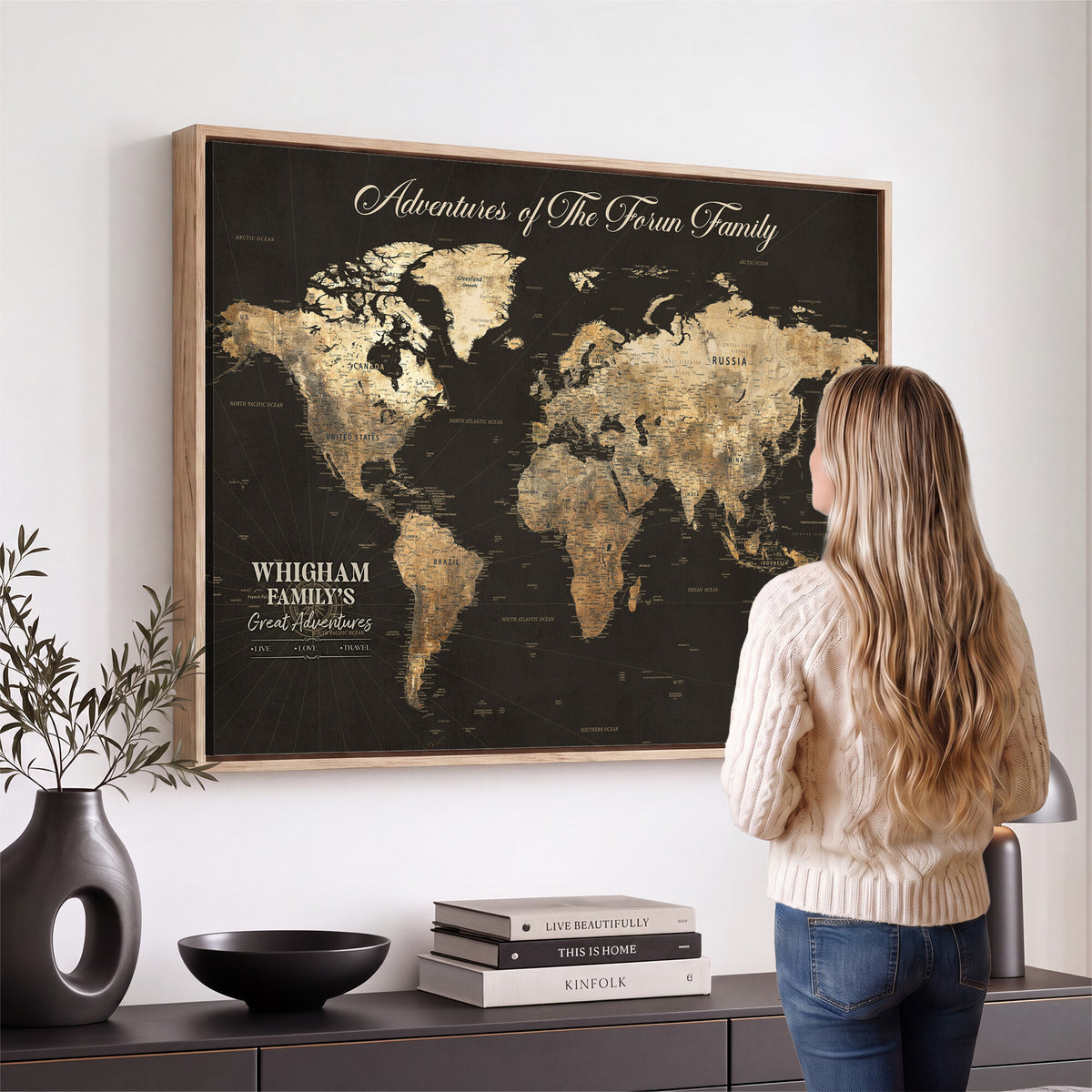 80238567-MGV-CV-36X24 - Custom Push Pin World Map Wall Art Canvas Print | Personalized Travel Tracker with Pins Framed Large for Home and Office Decor