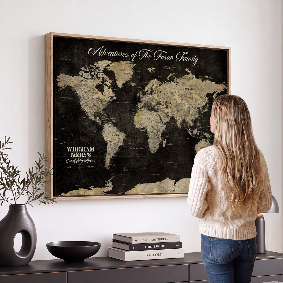 26348249-MGV-CV-36X24 - Custom Push Pin World Map Wall Art Canvas Print | Personalized Travel Tracker with Pins Framed Large for Home and Office Decor