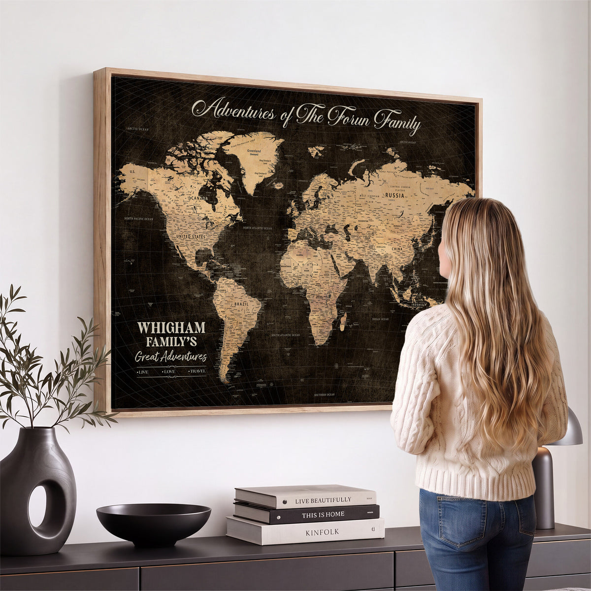 68639184-MGV-CV-36X24 - Custom Push Pin World Map Wall Art Canvas Print | Personalized Travel Tracker with Pins Framed Large for Home and Office Decor