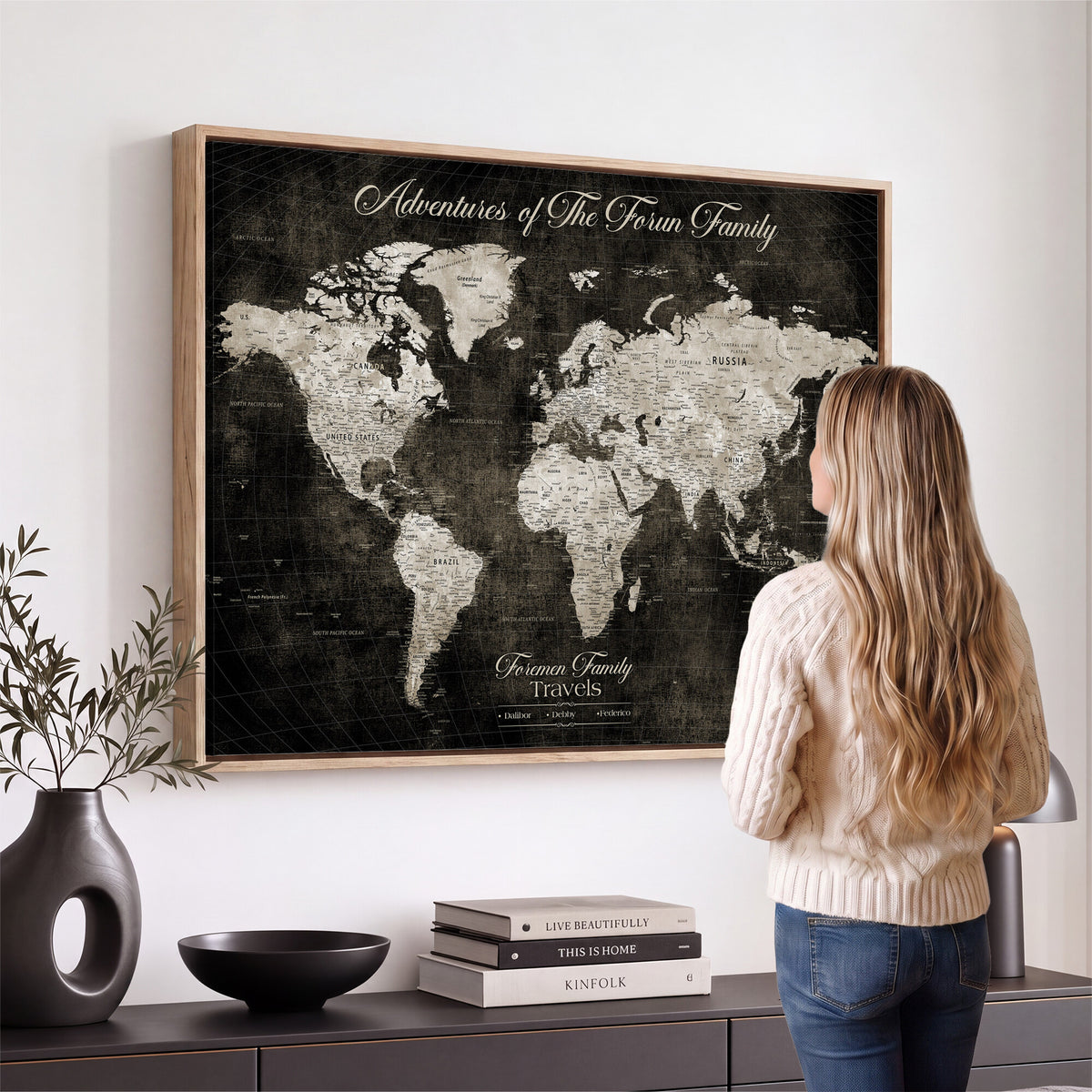 73767525-MGV-CV-36X24 - Custom Push Pin World Map Wall Art Canvas Print | Personalized Travel Tracker with Pins Framed Large for Home and Office Decor