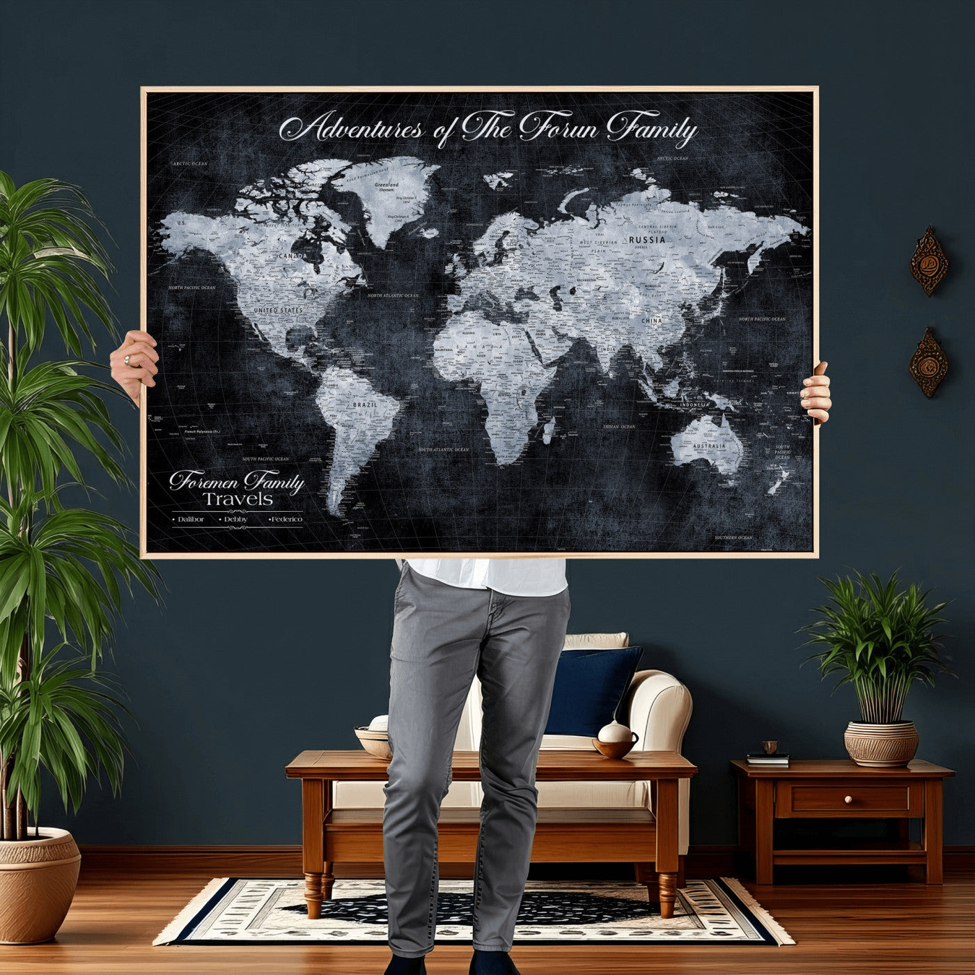 26826520-MGV-CV-36X24 - Custom Push Pin World Map Wall Art Canvas Print – Personalized Travel Tracker with Pins Framed Large for Home and Office Decor