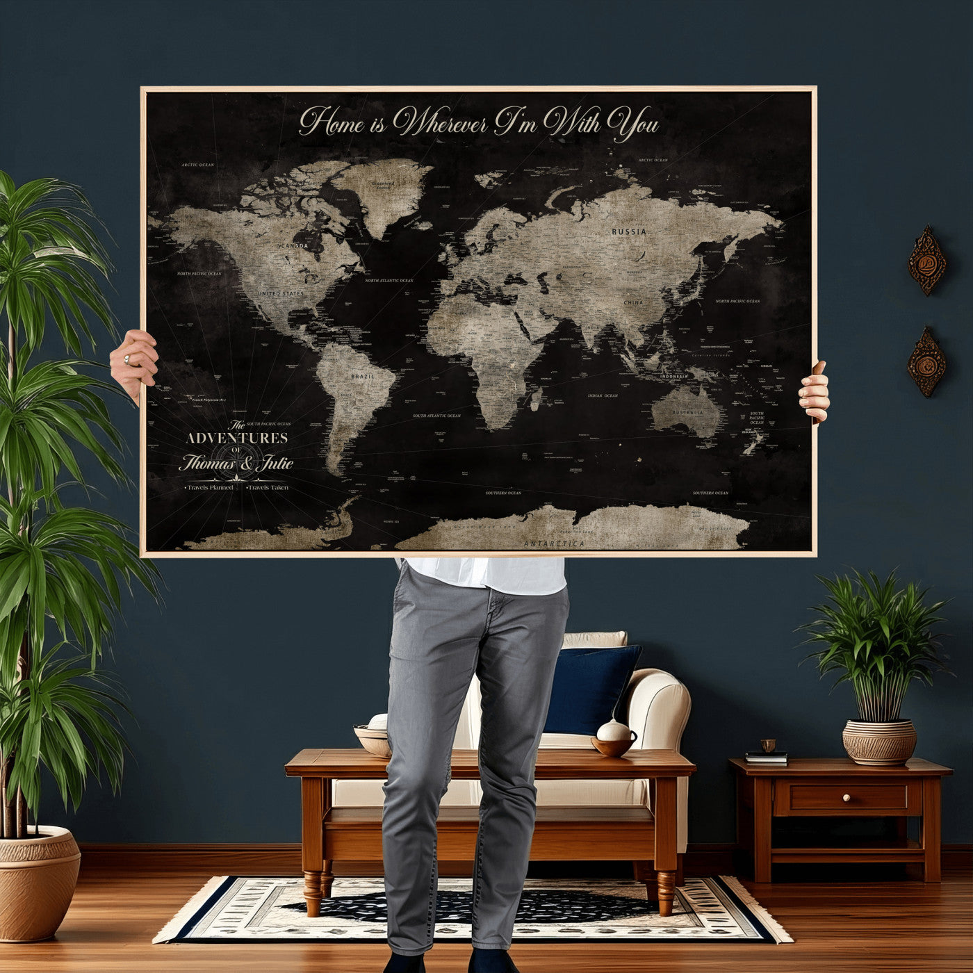 28461537-MGV-CV-36X24 - Custom Push Pin World Map Wall Art Canvas Print – Personalized Travel Tracker with Pins Framed Large for Home and Office Decor