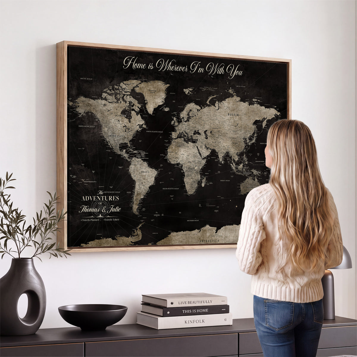 28461537-MGV-CV-36X24 - Personalized Framed Black Geometric World Map Canvas with Push Pins, Bucket List Map, Living Room and Dining Room Decor