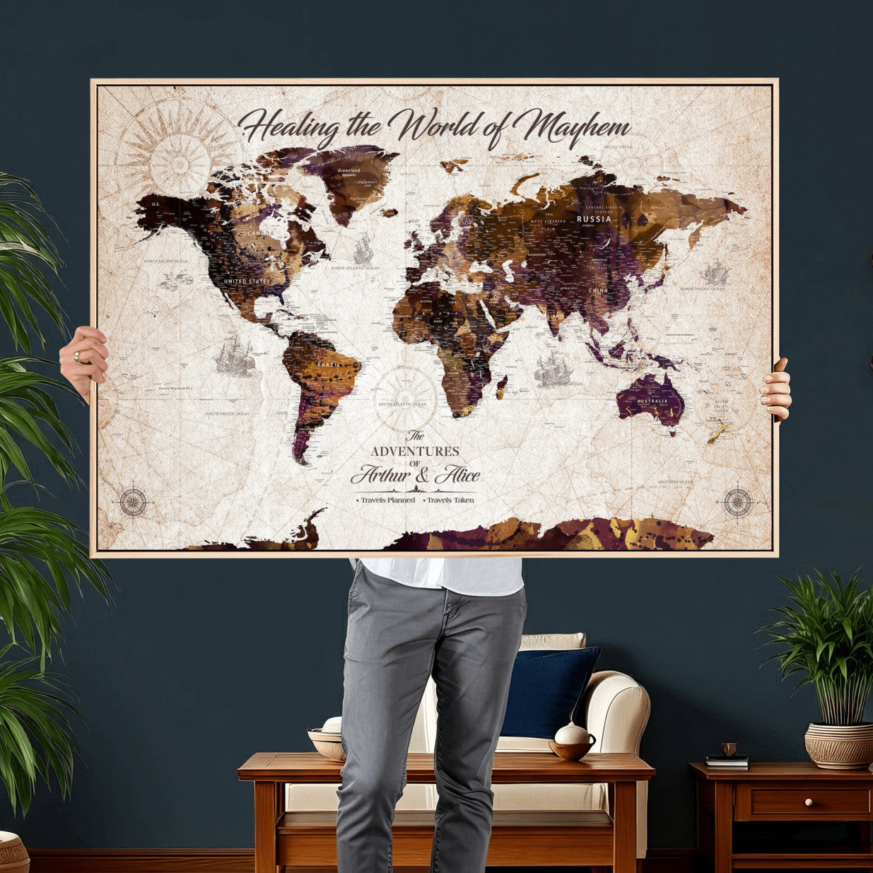 20154714-MGV-CV-36X24 - Custom Push Pin World Map Wall Art Canvas Print – Personalized Travel Tracker with Pins Framed Large for Home and Office Decor