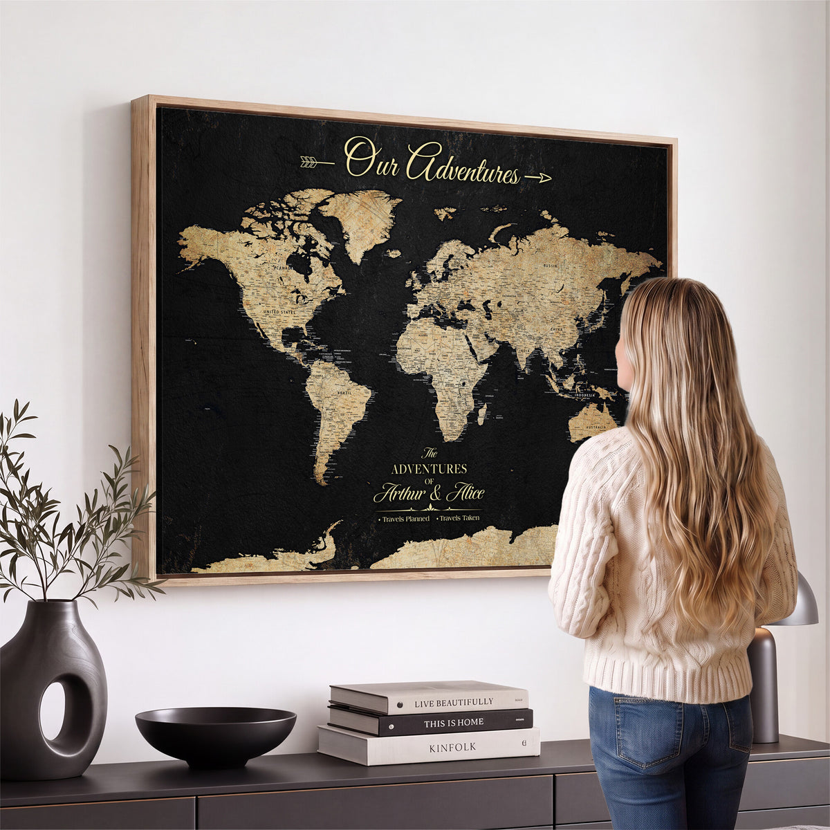 54638998-MGV-CV-36X24 - Custom Push Pin World Map Wall Art Canvas Print | Personalized Travel Tracker with Pins Framed Large for Home and Office Decor