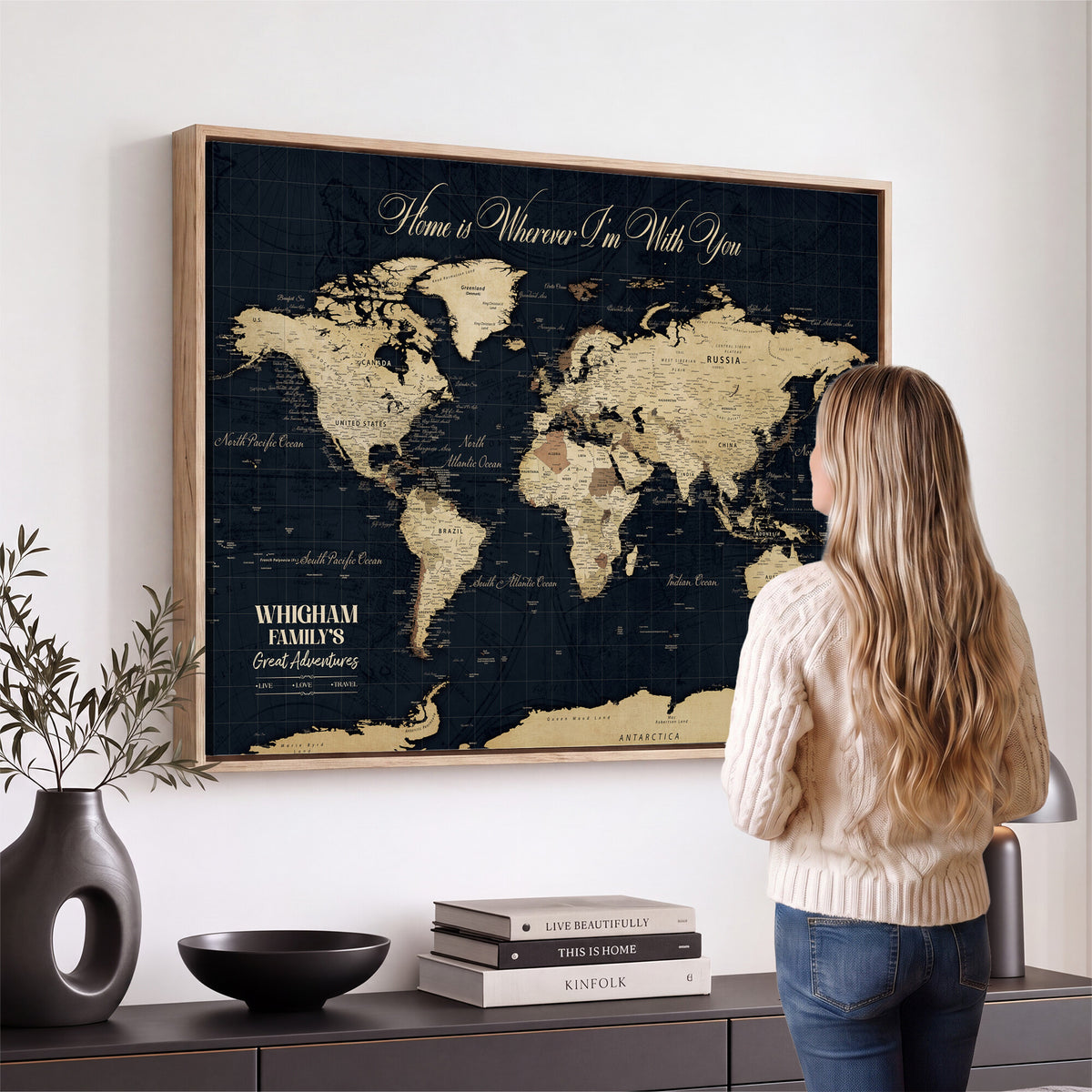 86888698-MGV-CV-36X24 - Custom Push Pin World Map Wall Art Canvas Print | Personalized Travel Tracker with Pins Framed Large for Home and Office Decor
