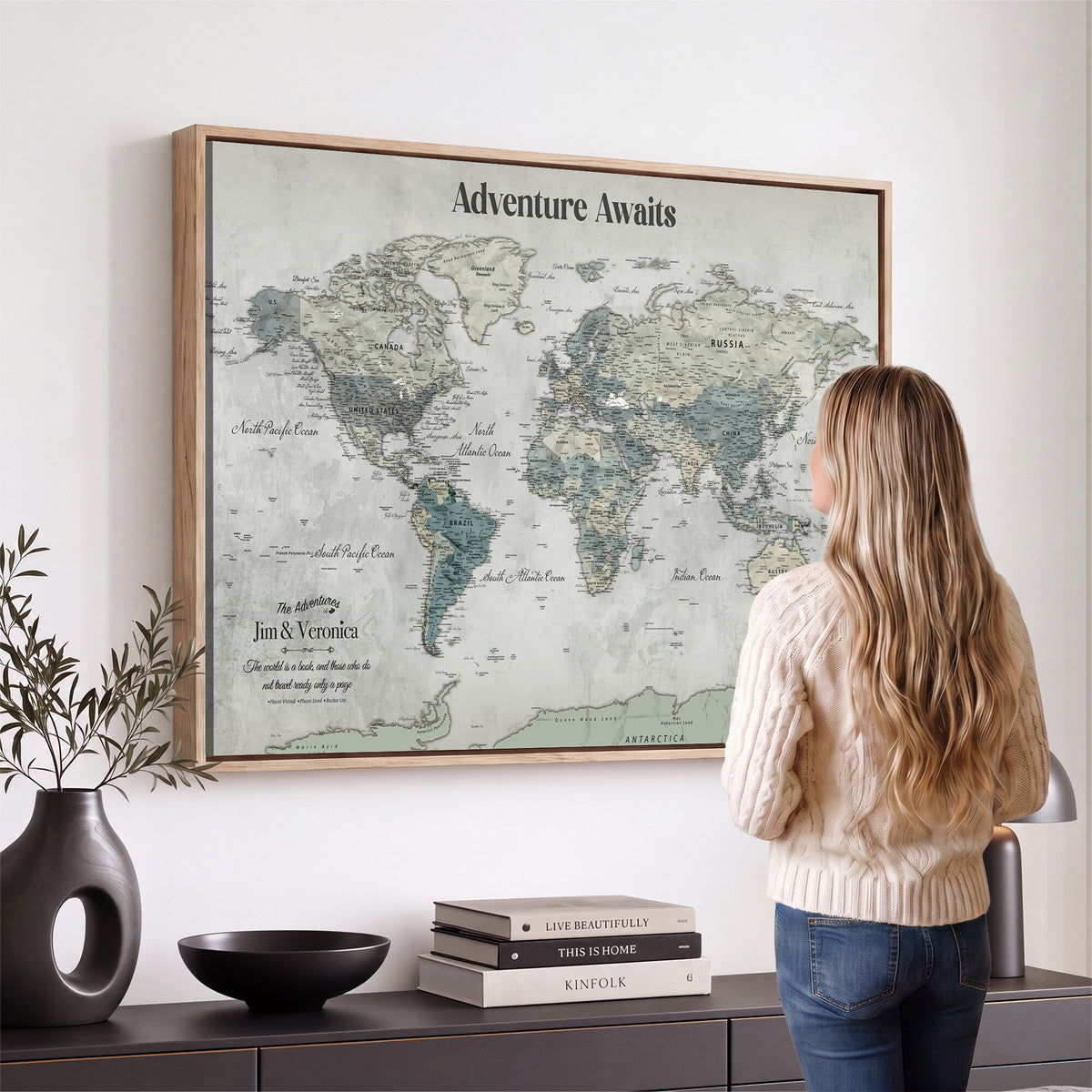 11945570-MGV-CV-36X24 - Custom Push Pin World Map Wall Art Canvas Print | Personalized Travel Tracker with Pins Framed Large for Home and Office Decor