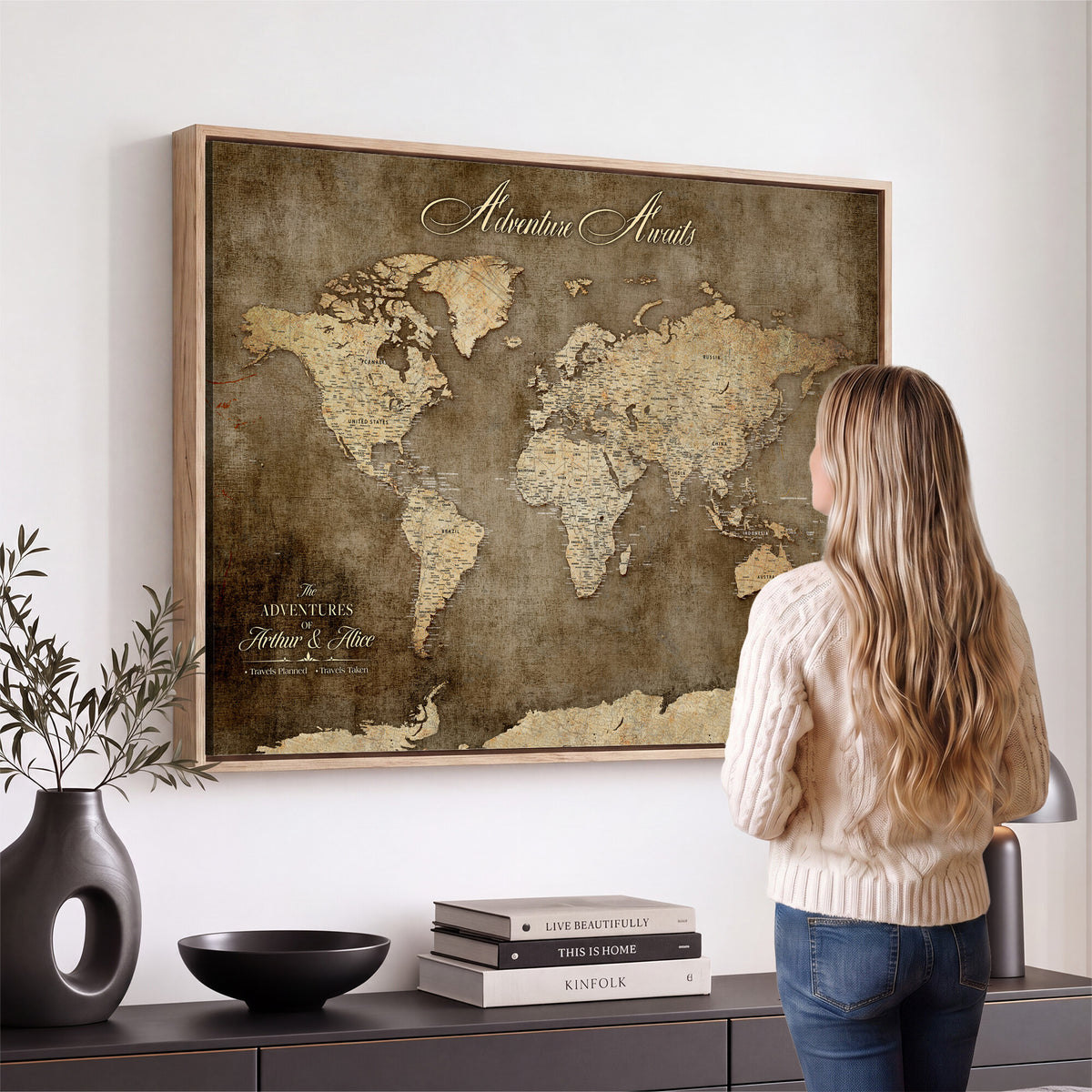 61836190-MGV-CV-36X24 - Custom Push Pin World Map Wall Art Canvas Print | Personalized Travel Tracker with Pins Framed Large for Home and Office Decor
