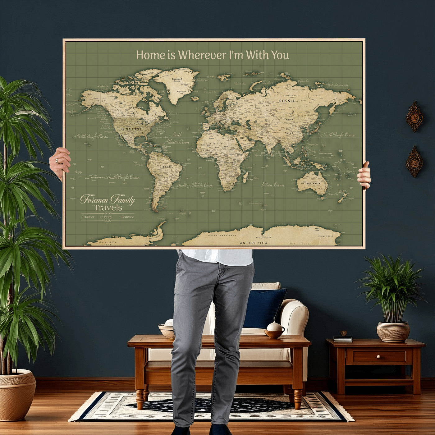 88521244-MGV-CV-36X24 - Custom Push Pin World Map Wall Art Canvas Print – Personalized Travel Tracker with Pins Framed Large for Home and Office Decor