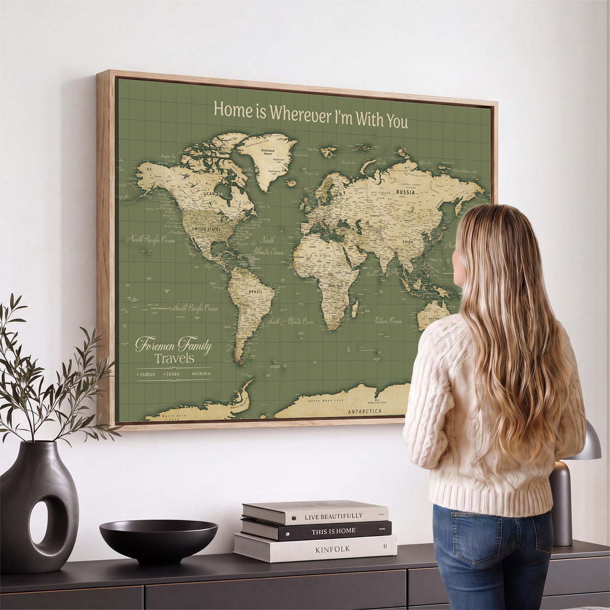 88521244-MGV-CV-36X24 - Custom Push Pin World Map Wall Art Canvas Print | Personalized Travel Tracker with Pins Framed Large for Home and Office Decor