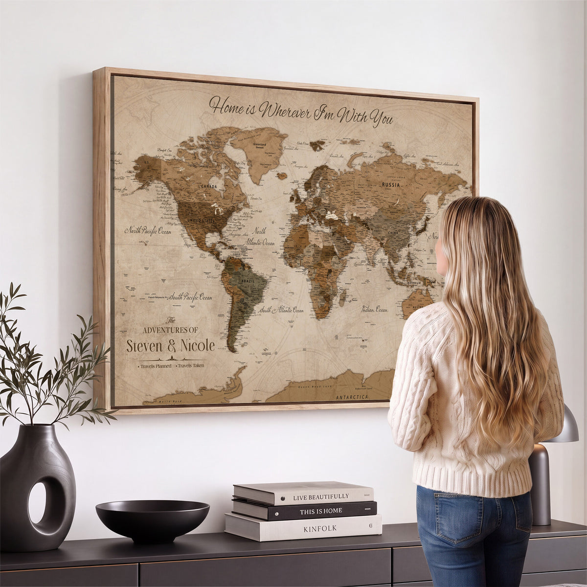 67360040-MGV-CV-36X24 - Personalized Framed Navy Geometric World Map Canvas with Push Pins, Couples Countries Visited Map, Living Room and Hallway Decor