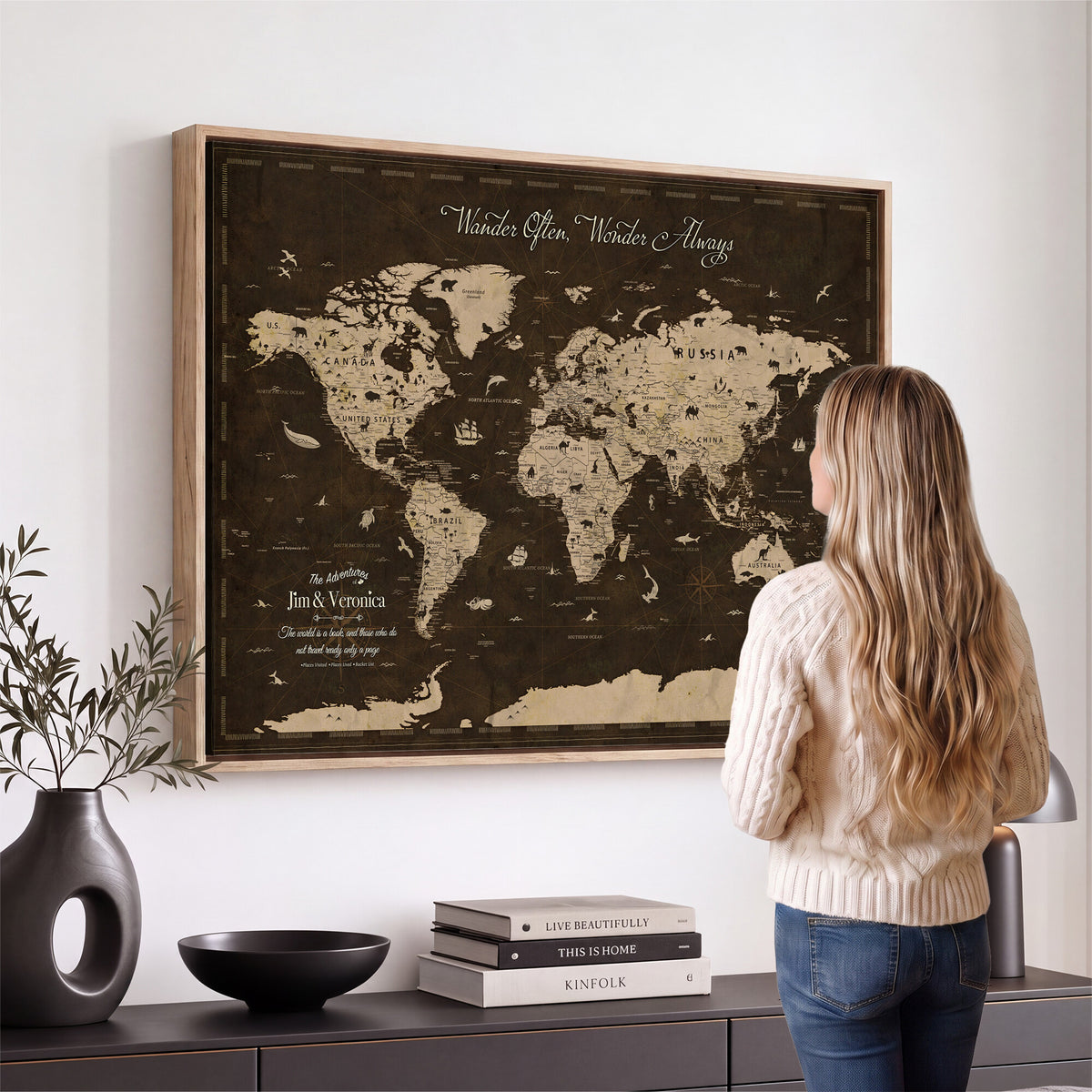20091587-MGV-CV-36X24 - Personalized Framed Navy Modern Push Pin Travel Map Canvas Print, Places Visited Tracker, Living Room and Home Office Decor