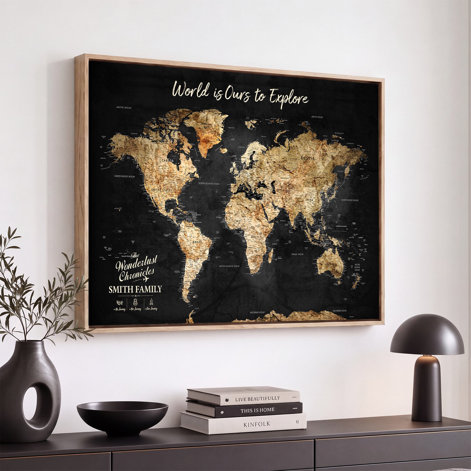 73732636-MGV-CV-36X24 - Custom Push Pin World Map Wall Art Canvas Print – Personalized Travel Tracker with Pins Framed Large for Home and Office Decor