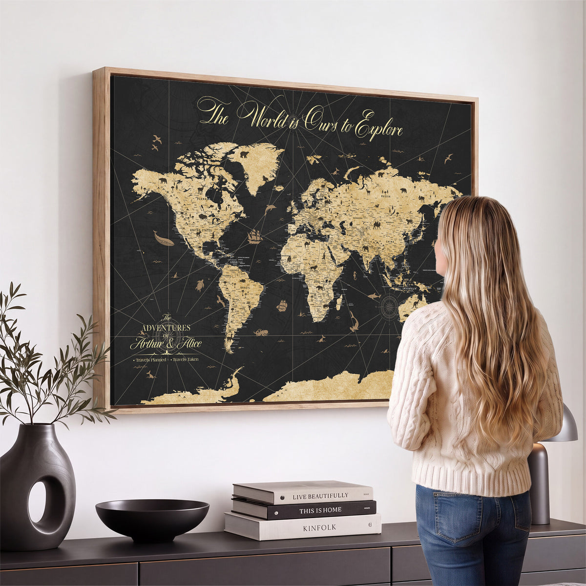 54097664-MGV-CV-36X24 - Custom Push Pin World Map Canvas Print, Couples Countries Visited Map, Living Room and Home Office Decor