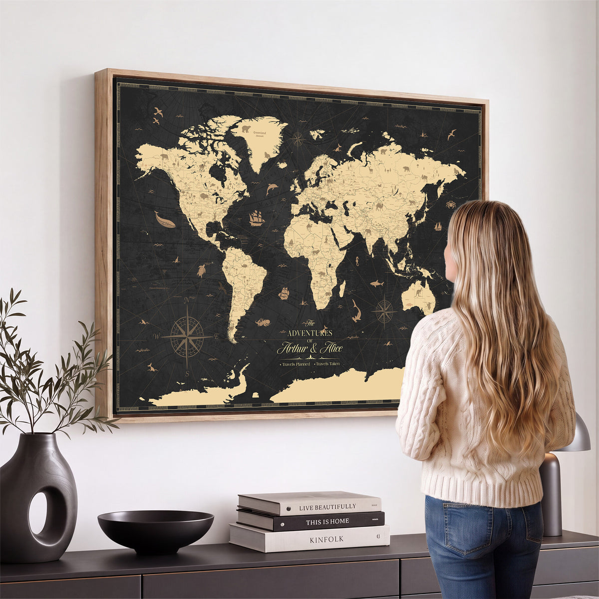 23208482-MGV-CV-36X24 - Custom Push Pin World Map Wall Art Canvas Print | Personalized Travel Tracker with Pins Framed Large for Home and Office Decor