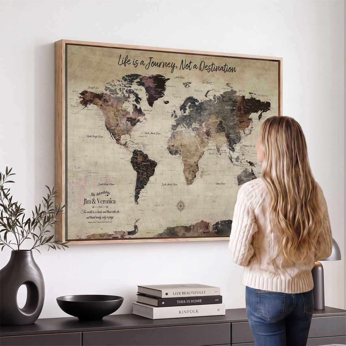 58257942-MGV-CV-36X24 - Custom Push Pin World Map Wall Art Canvas Print | Personalized Travel Tracker with Pins Framed Large for Home and Office Decor