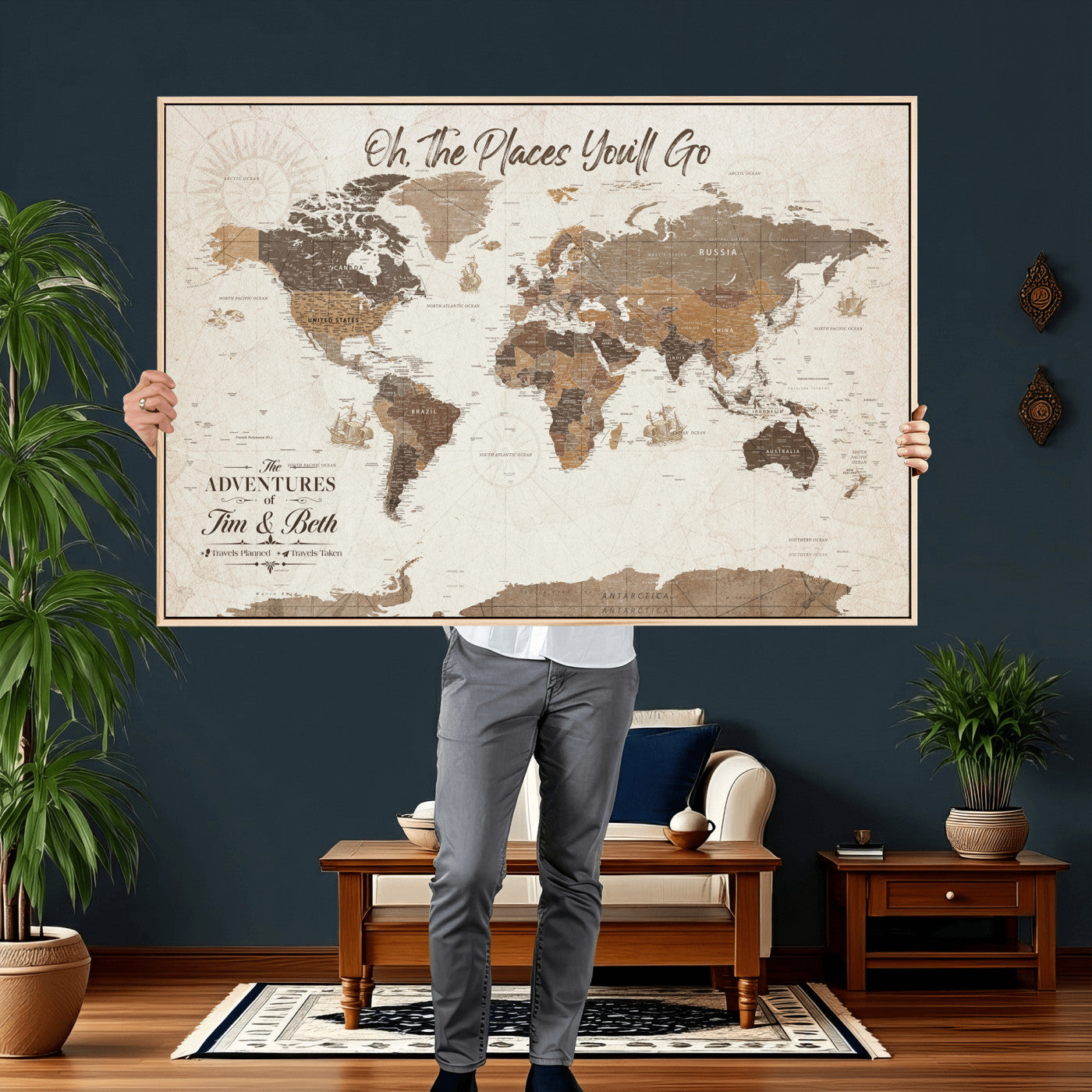 NEWMAP-8-MGV-CV-36X24 - Custom Push Pin World Map Wall Art Canvas Print – Personalized Travel Tracker with Pins Framed Large for Home and Office Decor - NEWMAP-8
