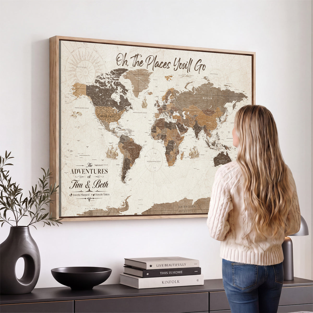 NEWMAP-8-MGV-CV-36X24 - Custom Beige World Travel Map Wall Art with Pins, Couples Countries Visited Map, Living Room and Study Decor