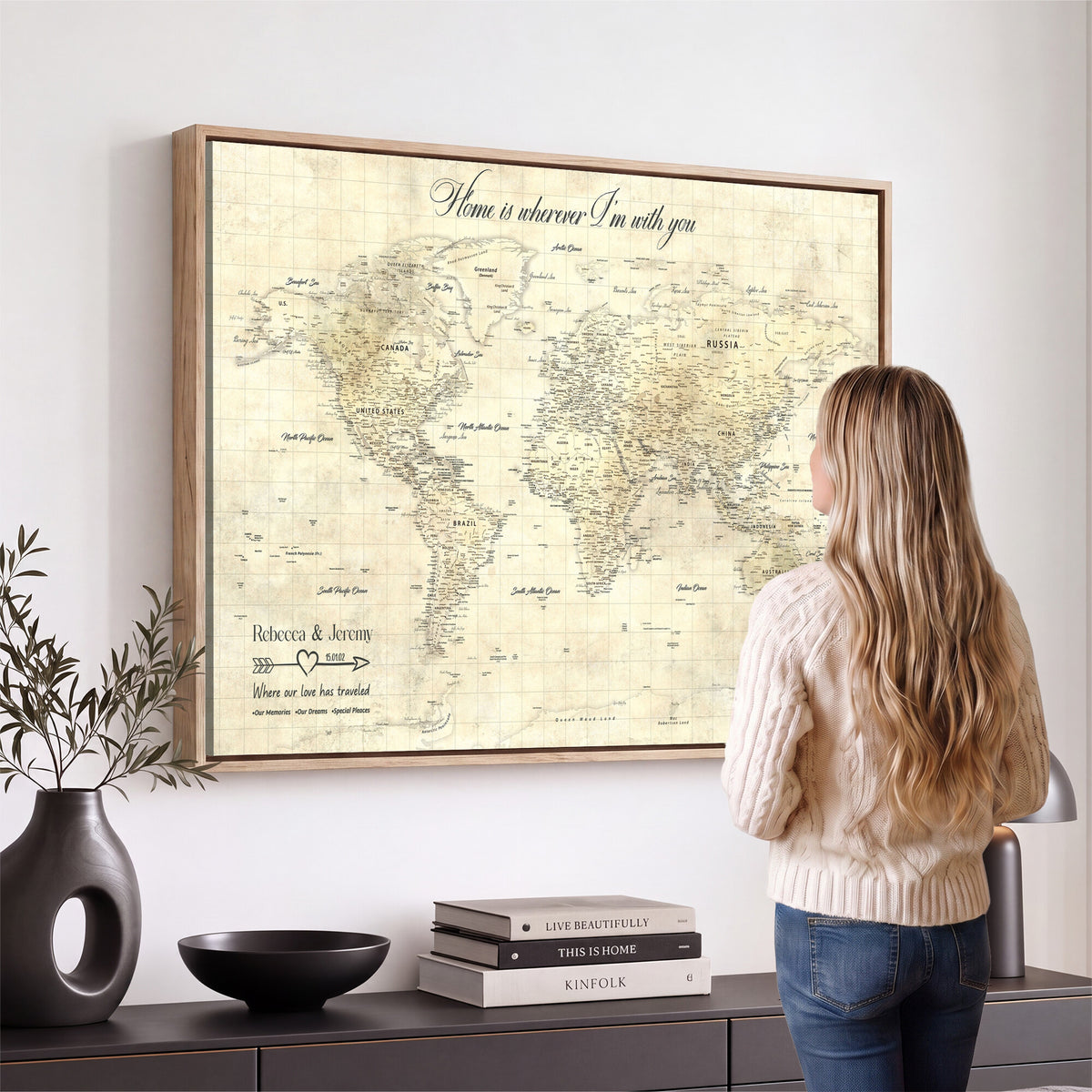 30705590-MGV-CV-36X24 - Custom Push Pin World Map Wall Art Canvas Print | Personalized Travel Tracker with Pins Framed Large for Home and Office Decor