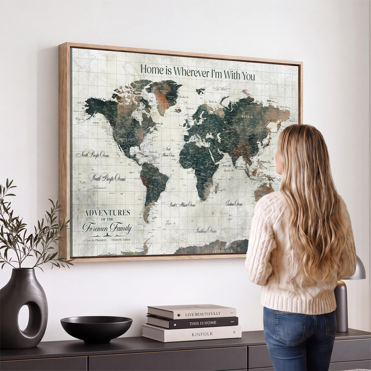 98050124-MGV-CV-36X24 - Personalized Beige Modern Push Pin Travel Map Canvas Print, Couples Countries Visited Map, Dining Room and Bedroom Decor