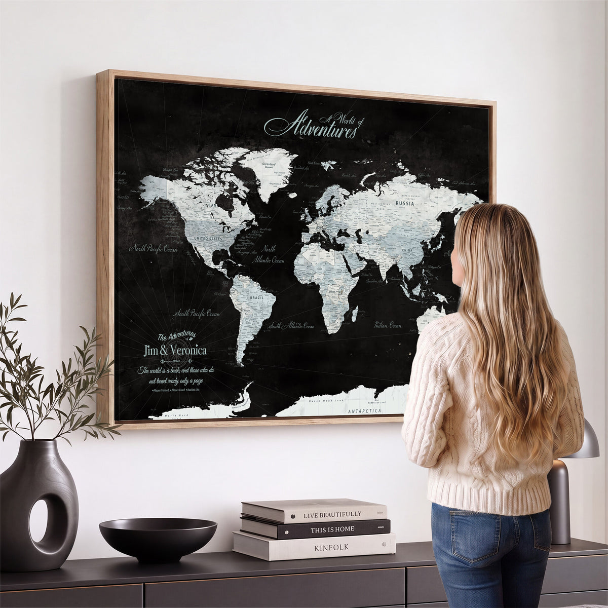 67491071-MGV-CV-36X24 - Custom Beige World Travel Map Wall Art with Pins, Places Visited Tracker, Bedroom and Home Office Decor