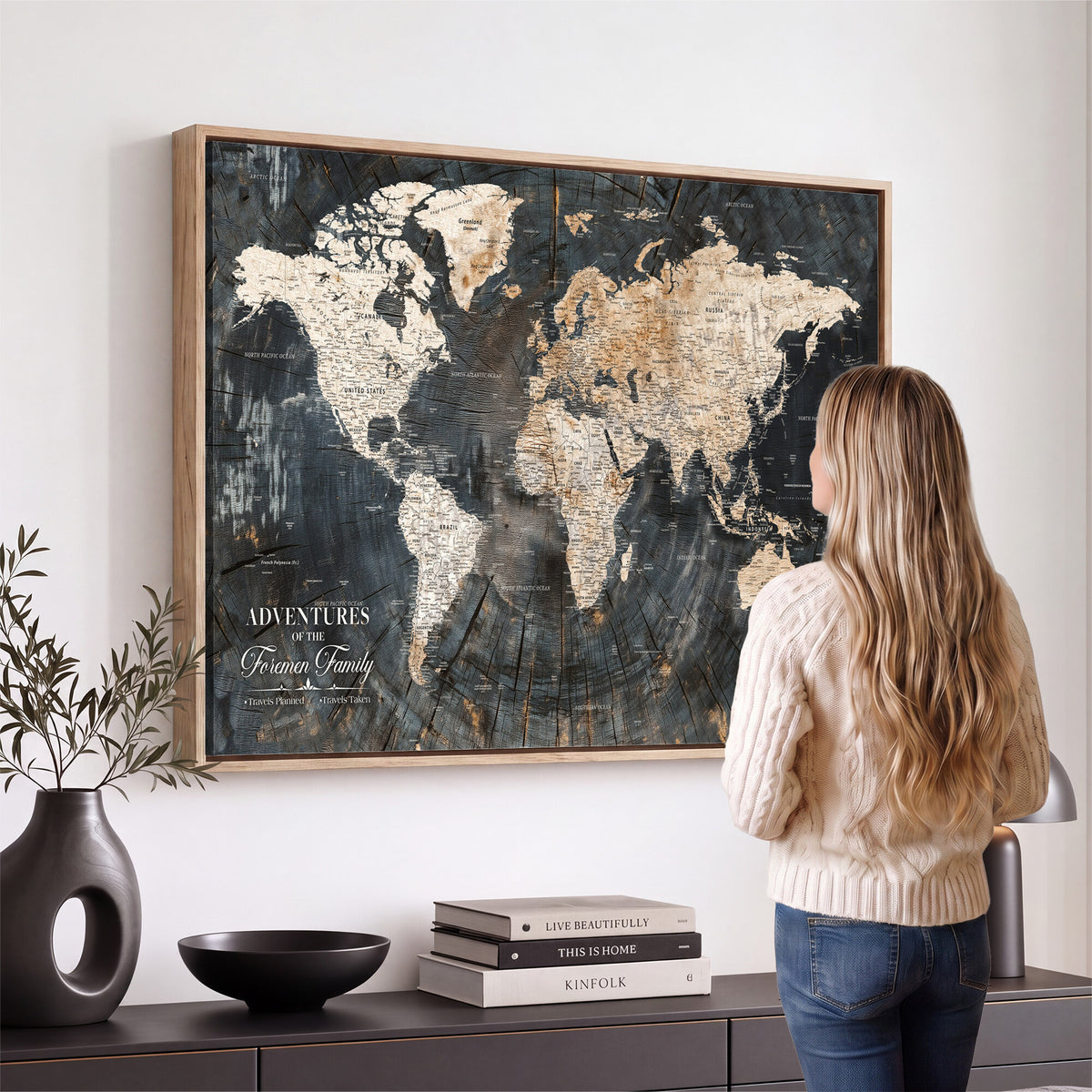 77865338-MGV-CV-36X24 - Personalized Framed Beige Push Pin World Map Canvas Print, Bucket List Map, Living Room and Hallway Decor