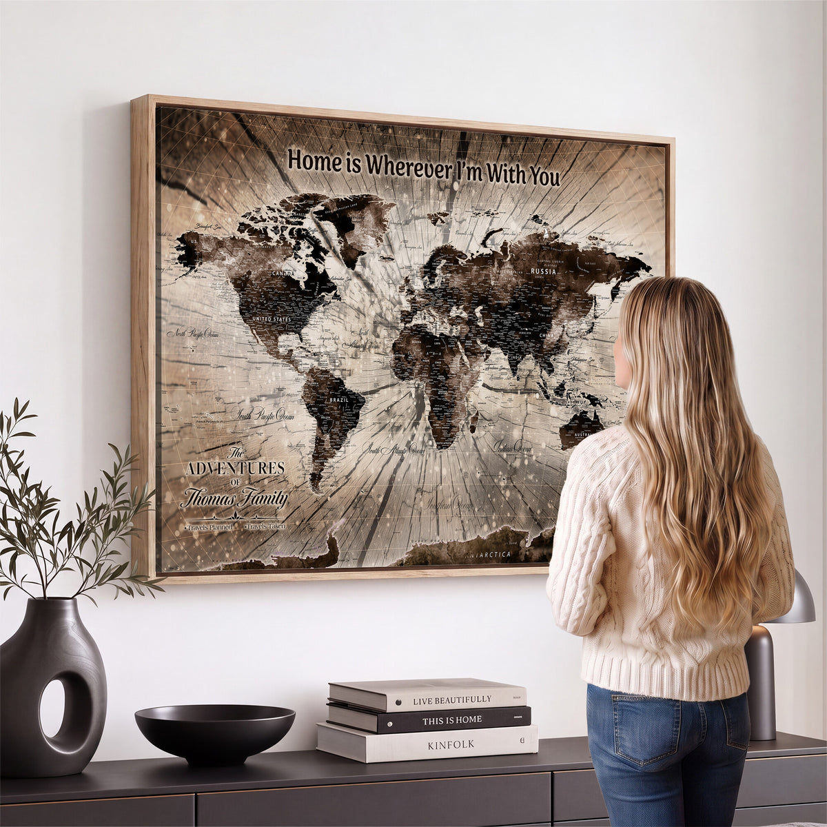 12350515-MGV-CV-36X24 - Personalized Push Pin World Map Wall Art Canvas Print, Customizable Framed Travel Map - NEWMAP-085