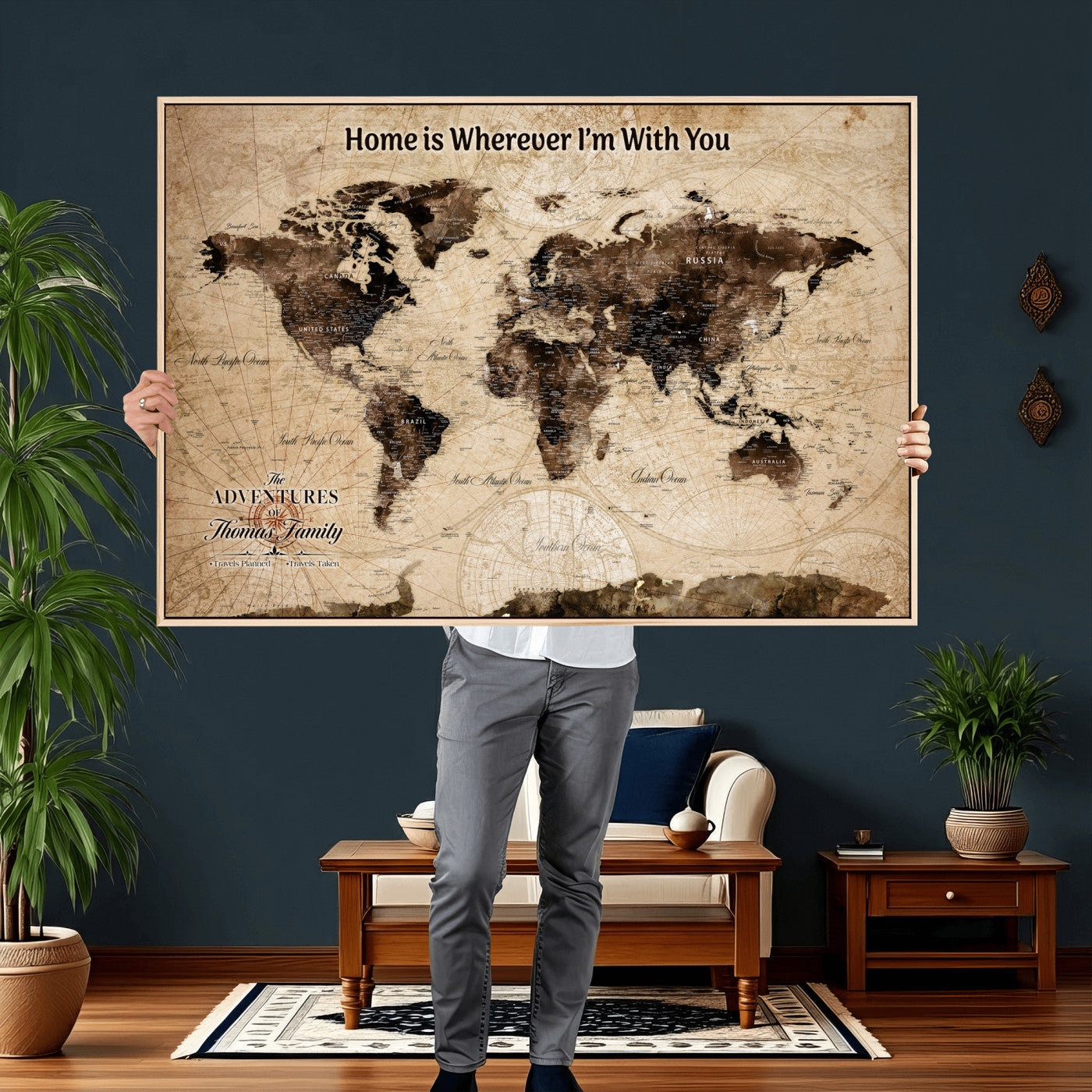 74771891-MGV-CV-36X24 - Custom Push Pin World Map Wall Art Canvas Print – Personalized Travel Tracker with Pins Framed Large for Home and Office Decor