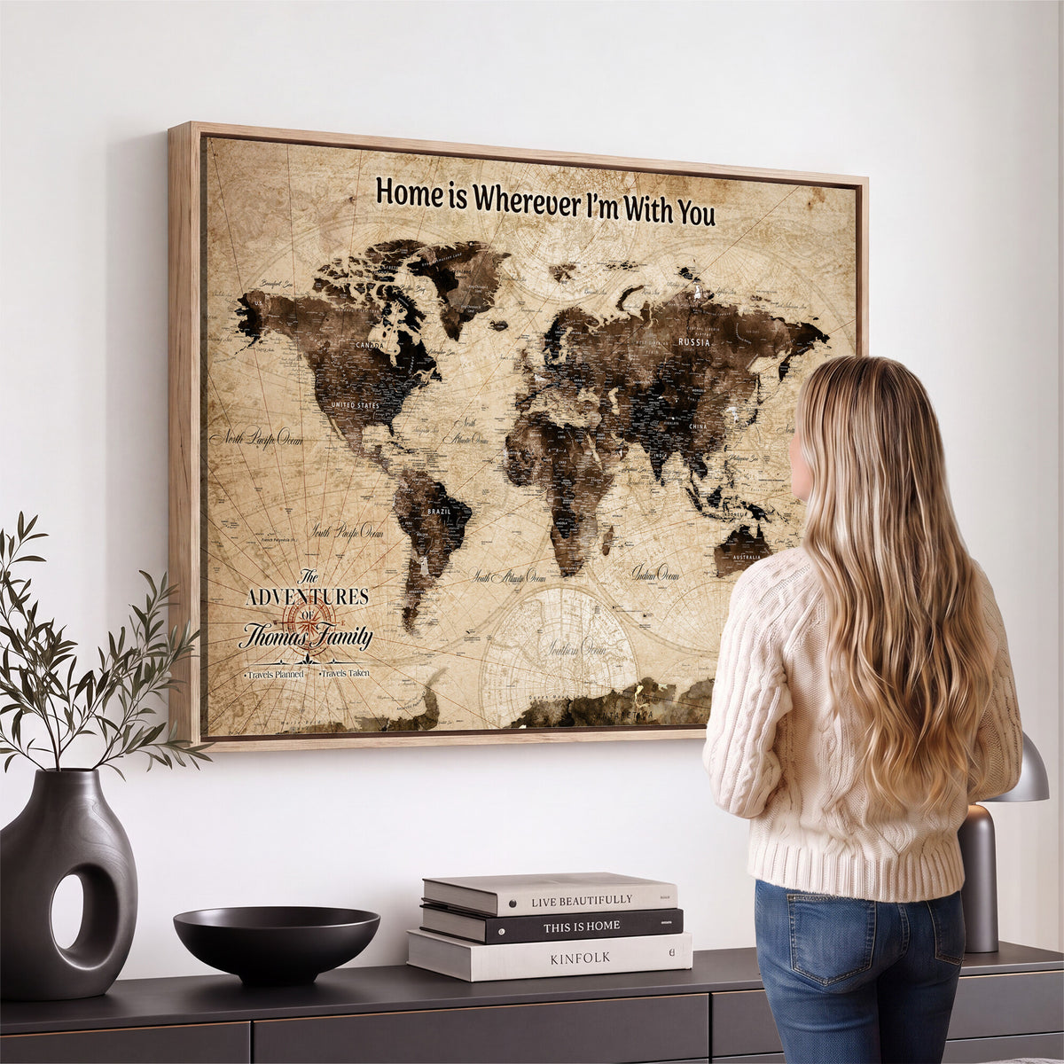 74771891-MGV-CV-36X24 - Personalized Framed Beige Modern World Travel Map Wall Art with Pins, Family Adventure Map, Living Room and Hallway Decor