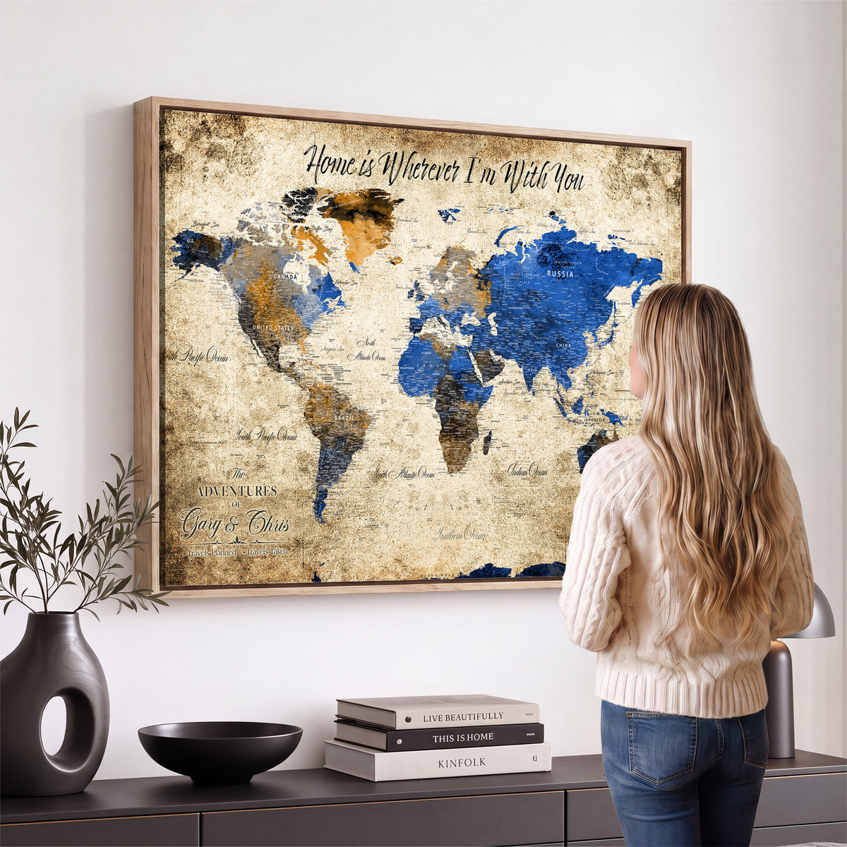 13332533-MGV-CV-36X24 - Personalized Framed Beige World Map Canvas with Push Pins, Honeymoon and Anniversary Gift, Living Room and Home Office Decor