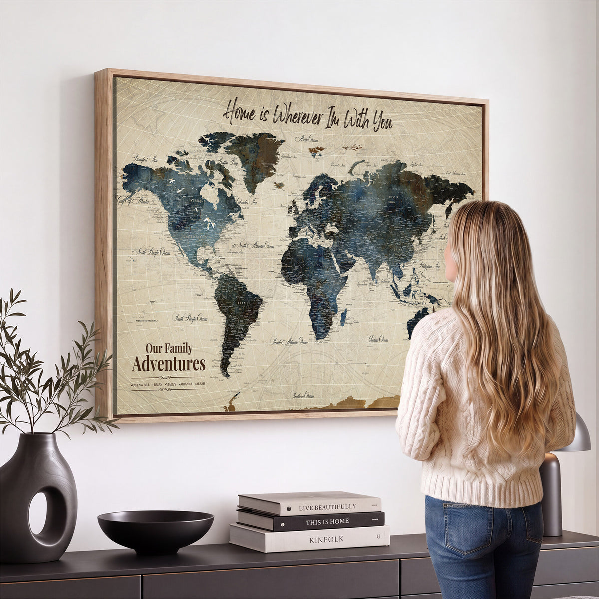 51383535-MGV-CV-36X24 - Personalized Framed Black Modern Push Pin Travel Map Canvas Print, Family Travel Tracker, Home Office and Entryway Decor