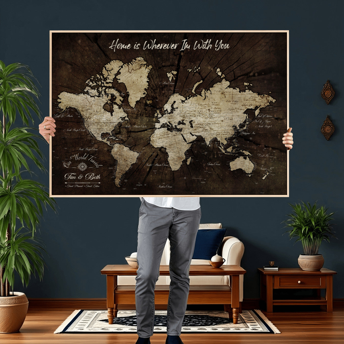 46573259-MGV-CV-36X24 - Custom Push Pin World Map Wall Art Canvas Print – Personalized Travel Tracker with Pins Framed Large for Home and Office Decor