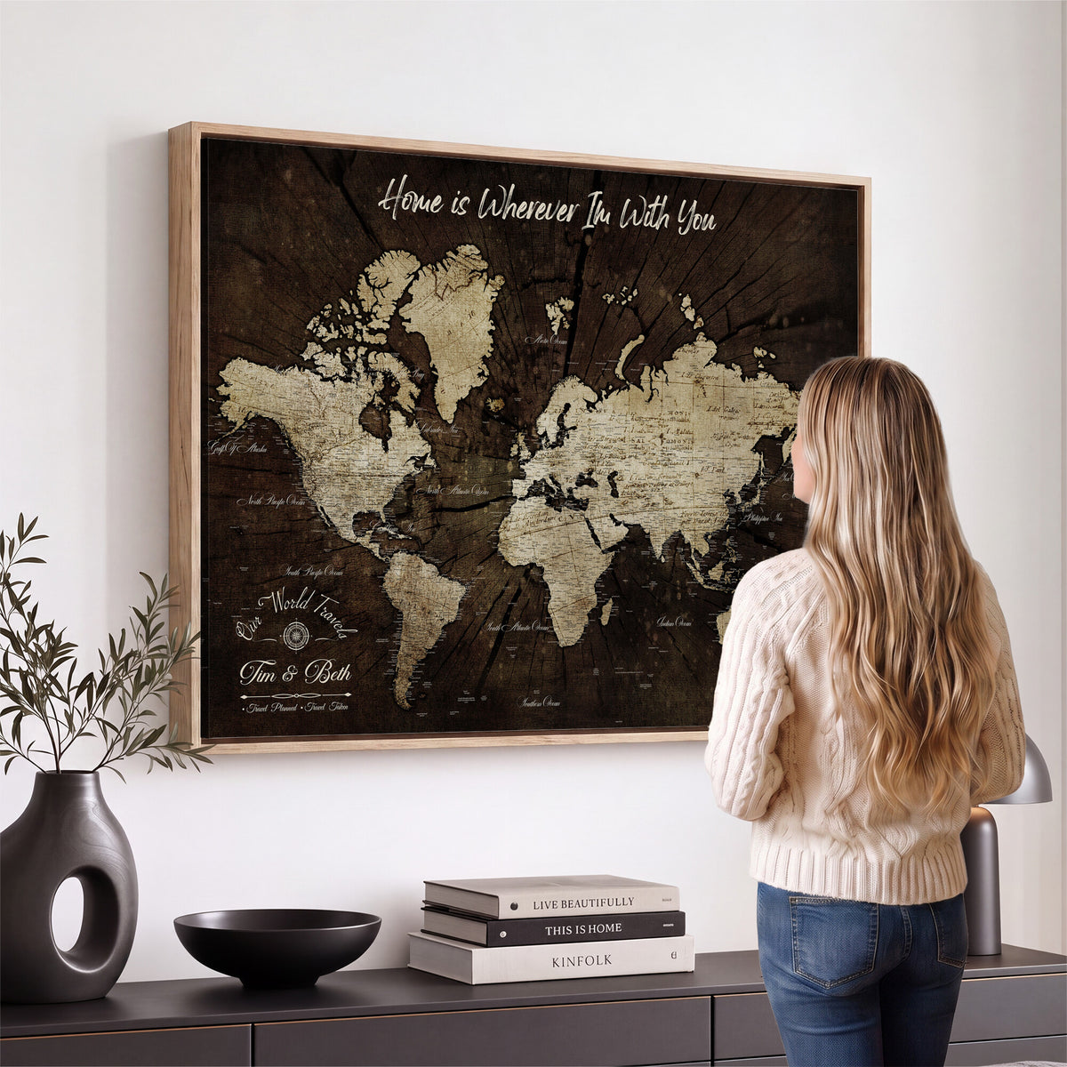 46573259-MGV-CV-36X24 - Personalized Watercolor Push Pin World Map Canvas Wall Art, Custom Framed Travel Map - NEWMAP-094