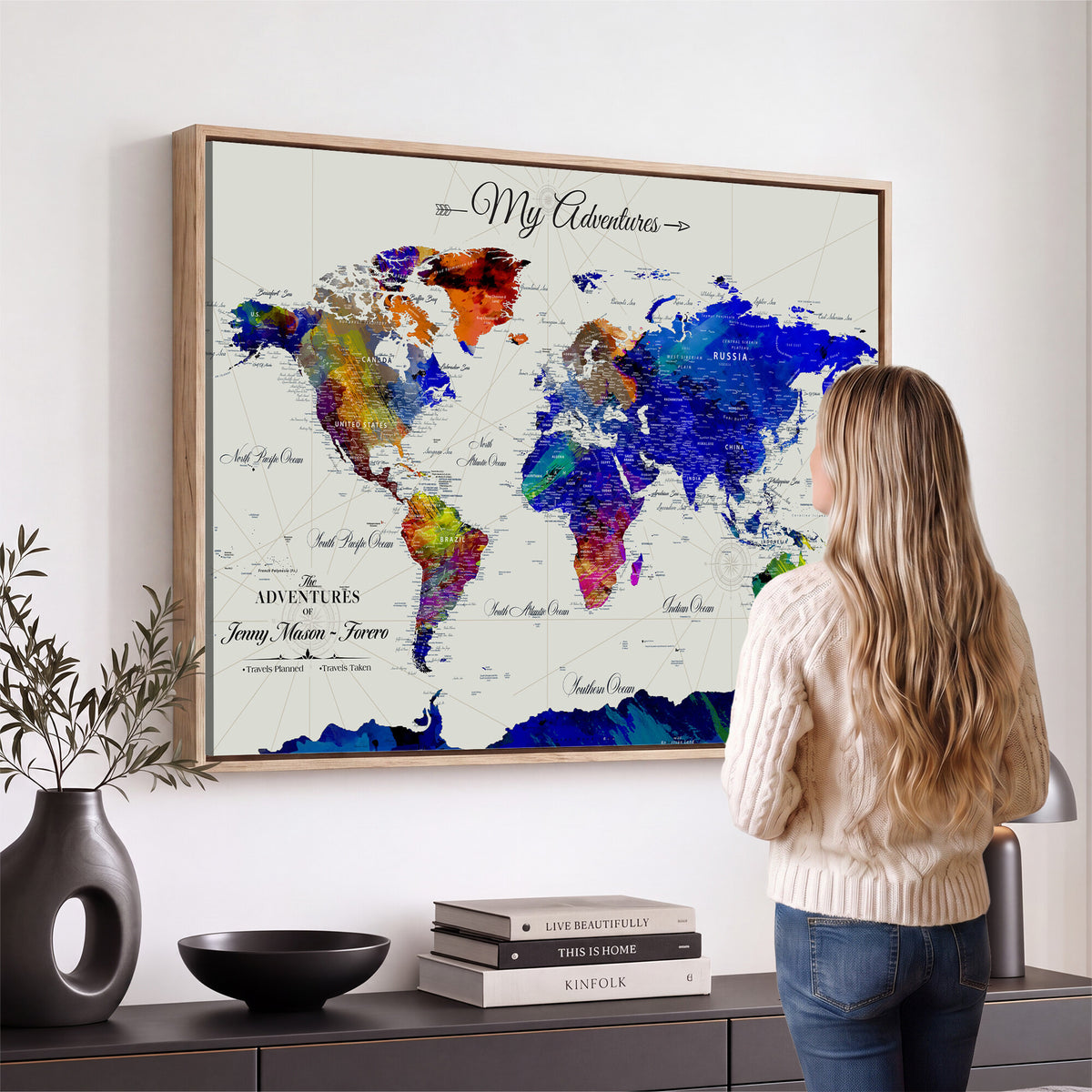 45423989-MGV-CV-36X24 - Detailed Custom Framed Beige Modern World Map Canvas with Push Pins, Honeymoon and Anniversary Gift, Dining Room and Home Office Decor