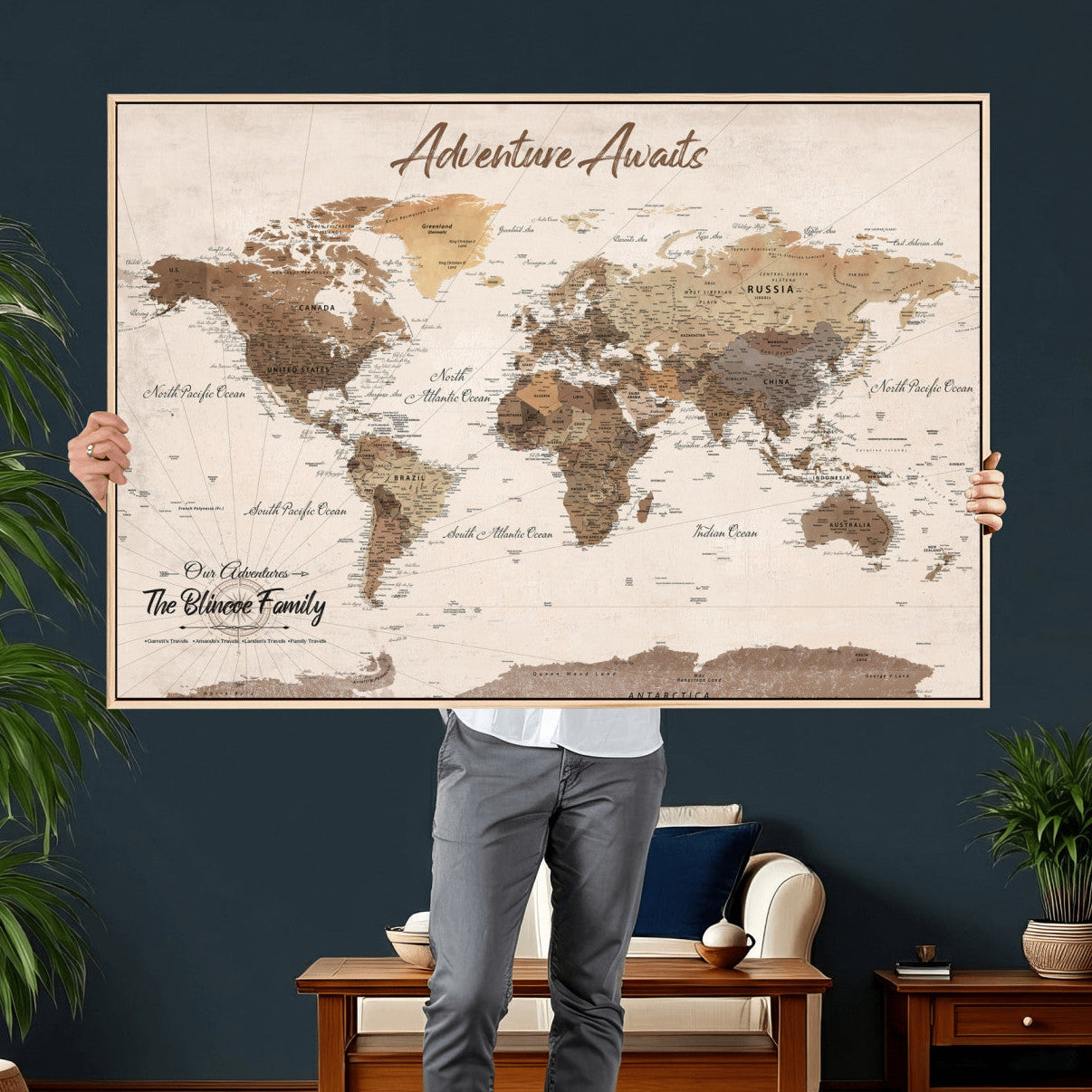 64110351-MGV-CV-36X24 - Custom Push Pin World Map Wall Art Canvas Print – Personalized Travel Tracker with Pins Framed Large for Home and Office Decor