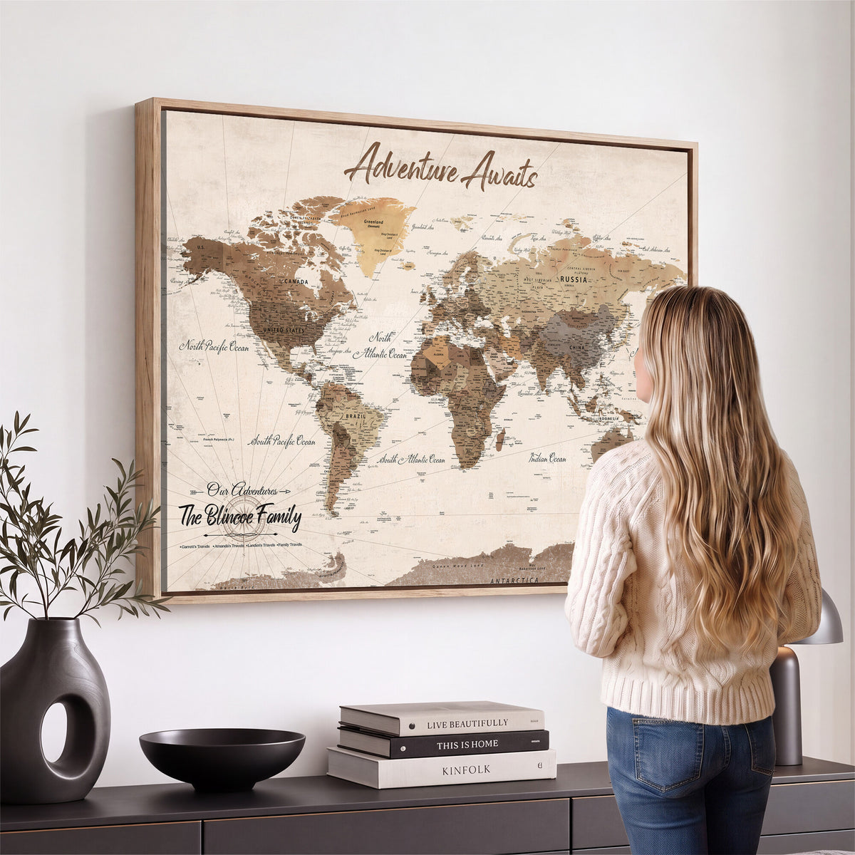 64110351-MGV-CV-36X24 - Personalized Framed White Modern Push Pin Travel Map Canvas Print, Bucket List Map, Dining Room and Study Decor