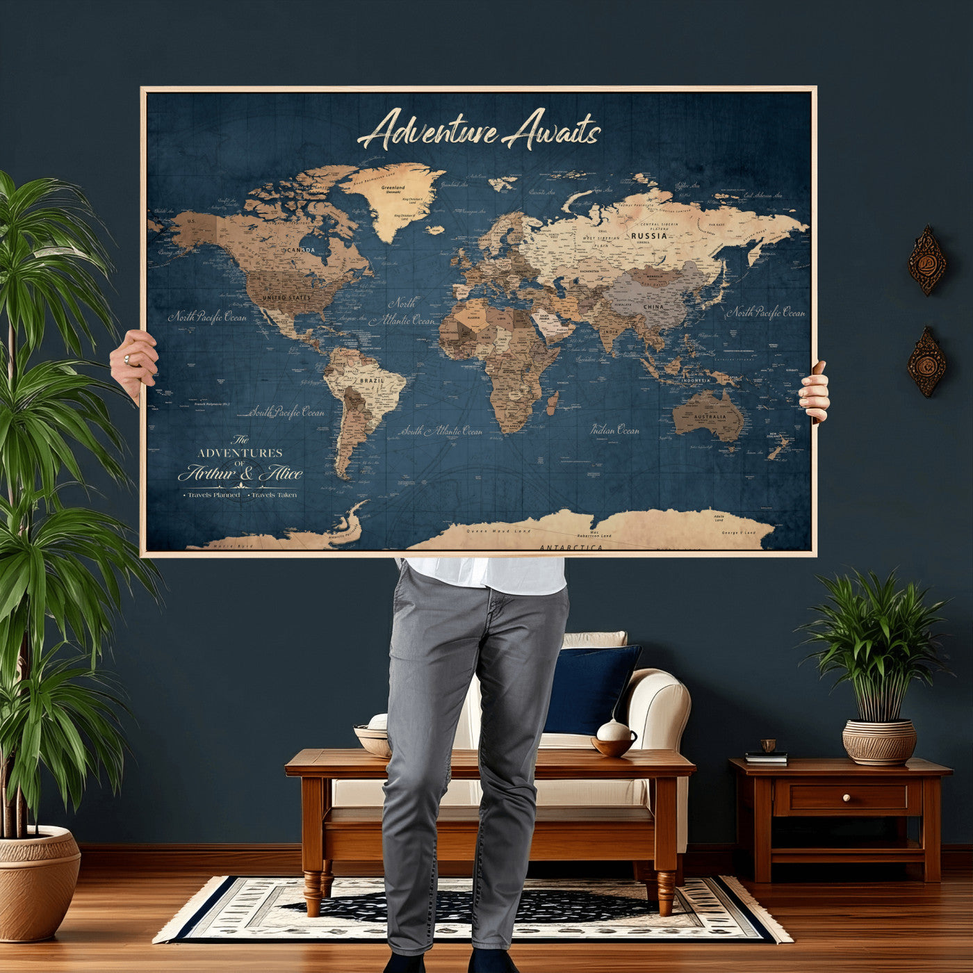 64110391-MGV-CV-36X24 - Custom Push Pin World Map Wall Art Canvas Print – Personalized Travel Tracker with Pins Framed Large for Home and Office Decor