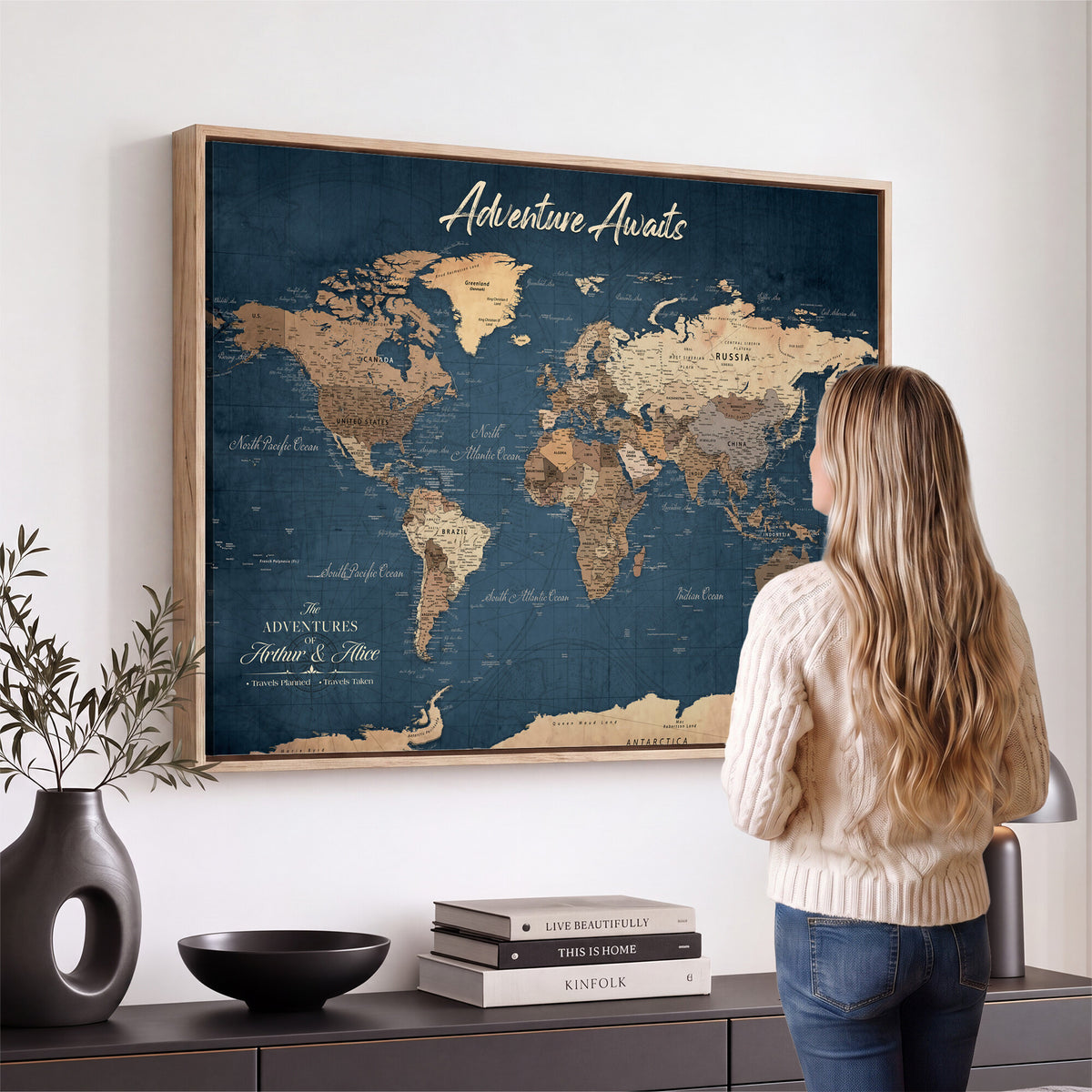 64110391-MGV-CV-36X24 - Personalized White Vintage World Travel Map Wall Art with Pins, Next Trip Planner Map, Family Room and Dining Room Decor