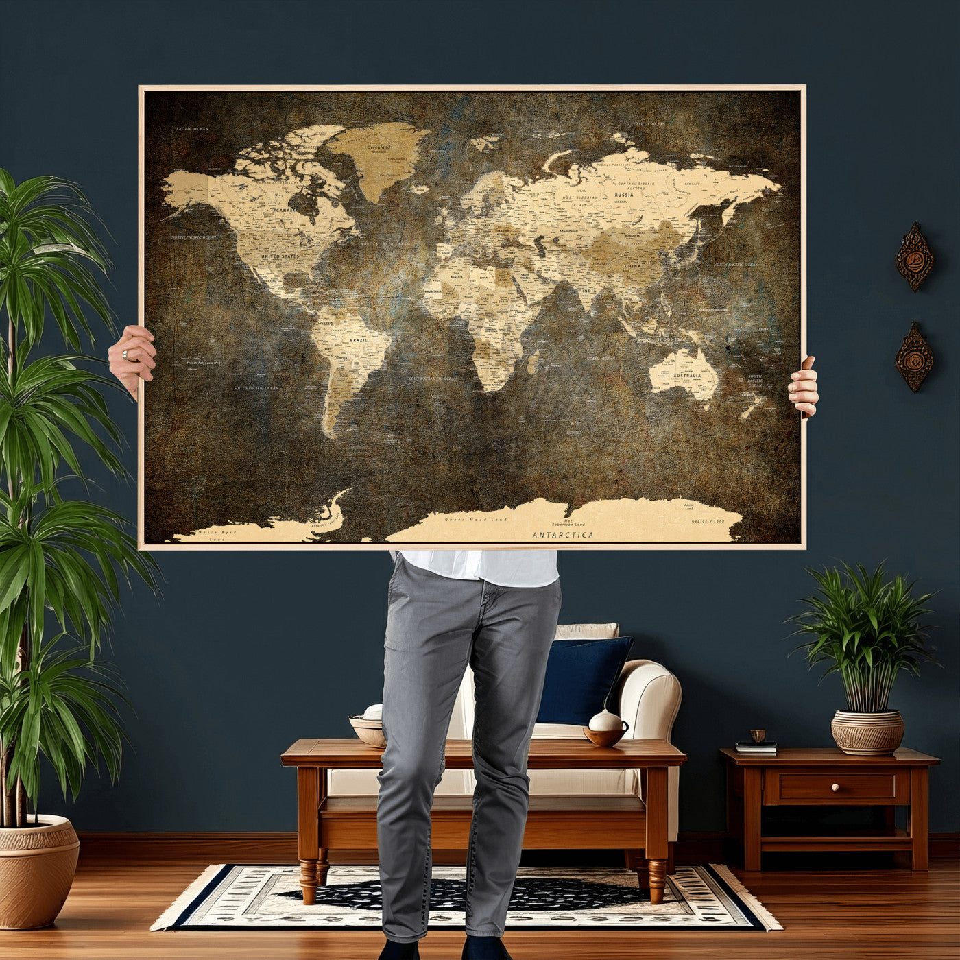 89742472-MGV-CV-36X24 - World Map Wall Art Canvas Print, Modern Decorative Framed Map Artwork Prints for Living Room, Office, Bedroom Wall Decor