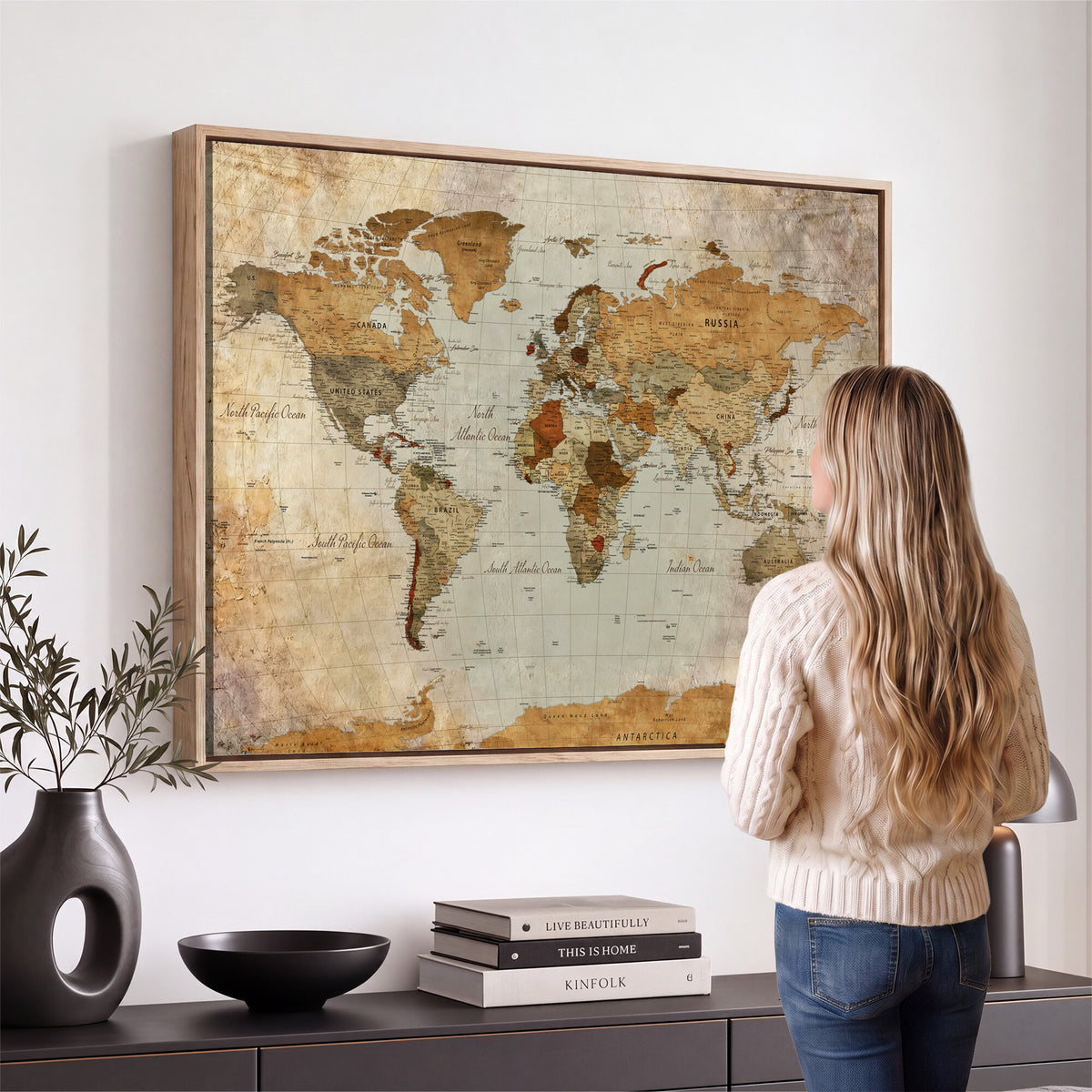 74176056-MGV-CV-36X24 - World Map Wall Art Canvas Print, Modern Decorative Framed Map Artwork Prints for Living Room, Office, Bedroom Wall Decor