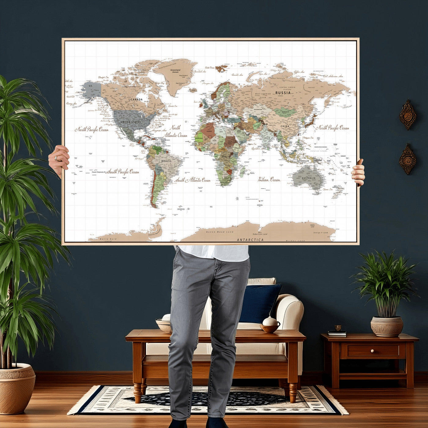 91286788-MGV-CV-36X24 - World Map Wall Art Canvas Print, Modern Decorative Framed Map Artwork Prints for Living Room, Office, Bedroom Wall Decor