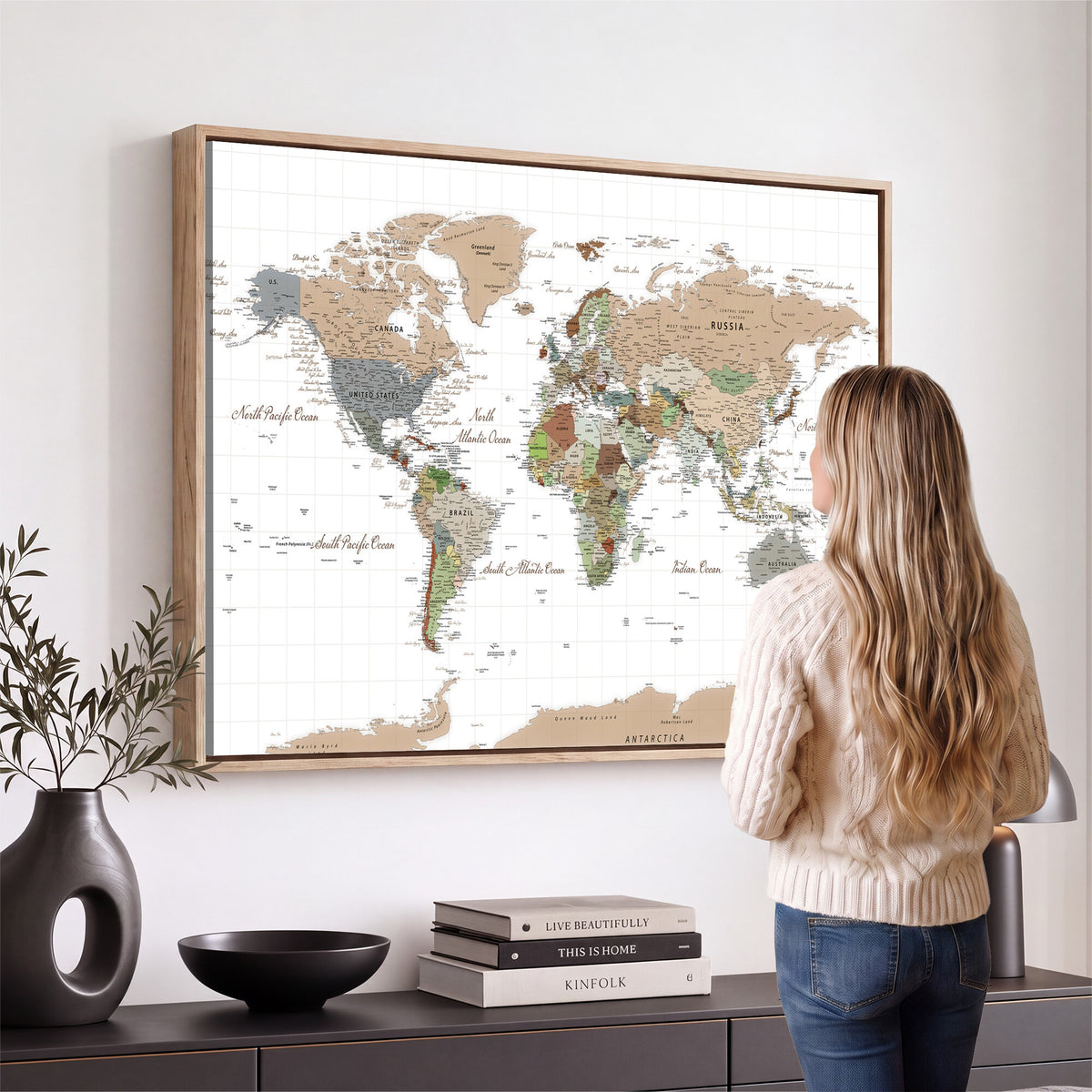 91286788-MGV-CV-36X24 - World Map Wall Art Canvas Print, Modern Decorative Framed Map Artwork Prints for Living Room, Office, Bedroom Wall Decor