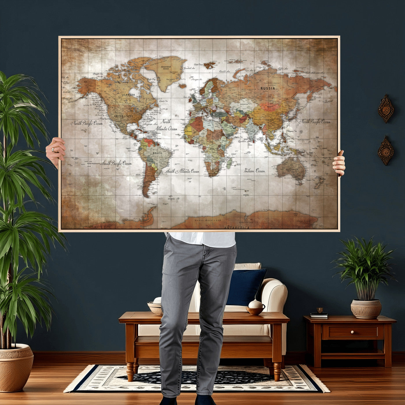 51643807-MGV-CV-36X24 - World Map Wall Art Canvas Print, Modern Decorative Framed Map Artwork Prints for Living Room, Office, Bedroom Wall Decor