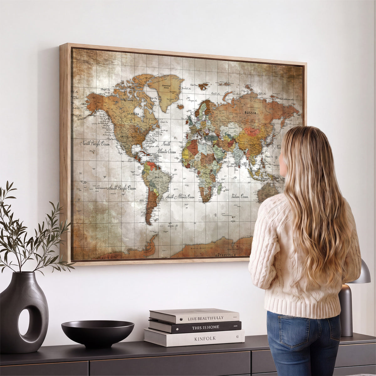 51643807-MGV-CV-36X24 - World Map Wall Art Canvas Print, Modern Decorative Framed Map Artwork Prints for Living Room, Office, Bedroom Wall Decor
