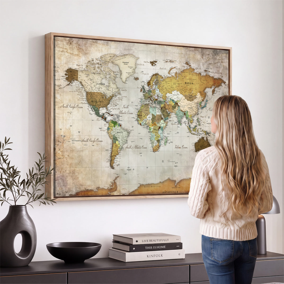86108417-MGV-CV-36X24 - World Map Wall Art Canvas Print, Modern Decorative Framed Map Artwork Prints for Living Room, Office, Bedroom Wall Decor