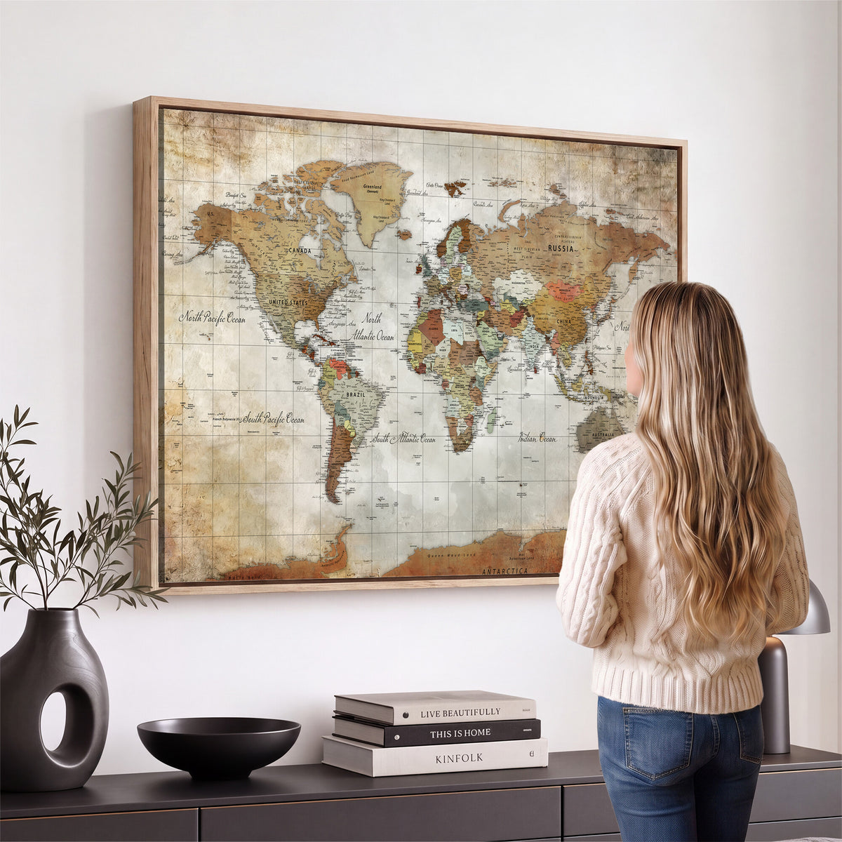19855445-MGV-CV-36X24 - Custom Framed Modern Push Pin World Map Wall Art, Places Visited Tracker, Home Office and Entryway Decor