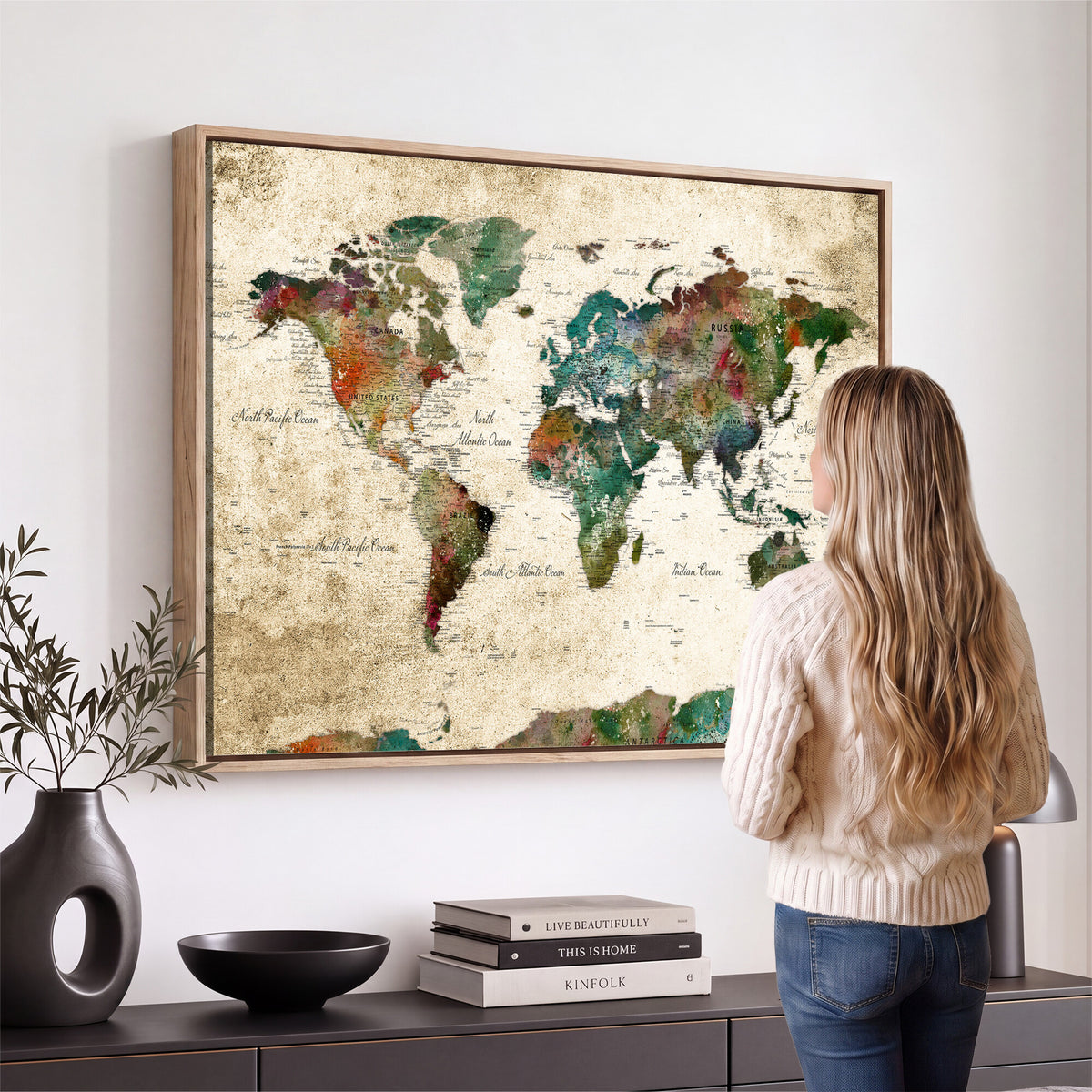 87544591-MGV-CV-36X24 - World Map Wall Art Canvas Print, Modern Decorative Framed Map Artwork Prints for Living Room, Office, Bedroom Wall Decor