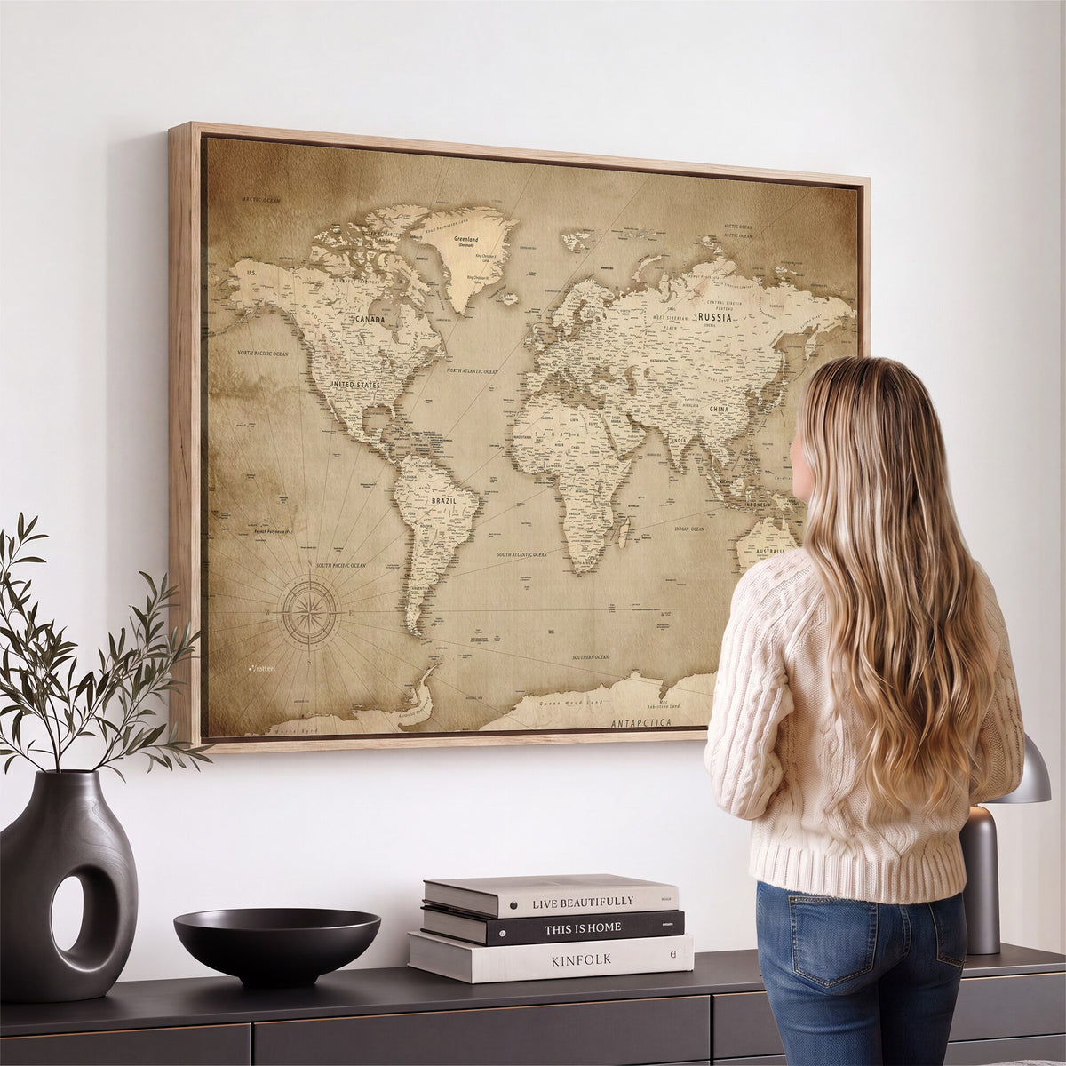 34795134-MGV-CV-36X24 - World Map Wall Art Canvas Print, Modern Decorative Framed Map Artwork Prints for Living Room, Office, Bedroom Wall Decor