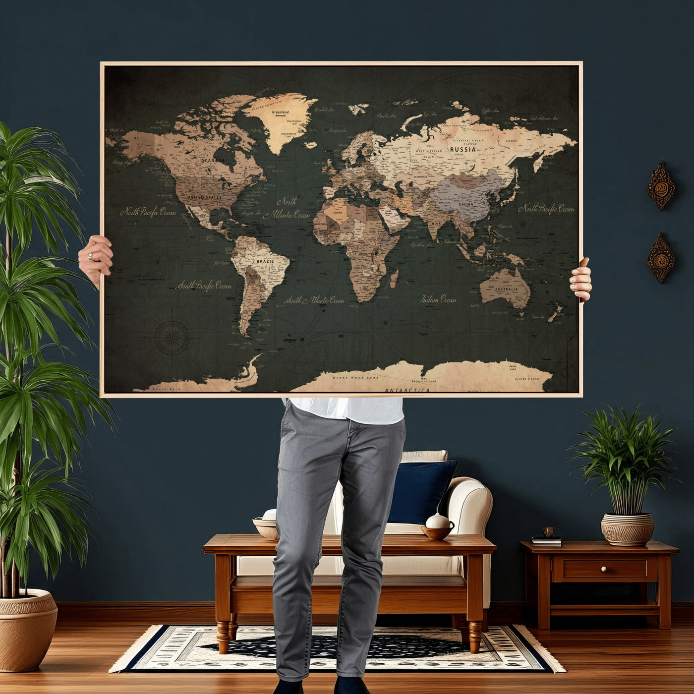 62059333-MGV-CV-36X24 - World Map Wall Art Canvas Print, Modern Decorative Framed Map Artwork Prints for Living Room, Office, Bedroom Wall Decor